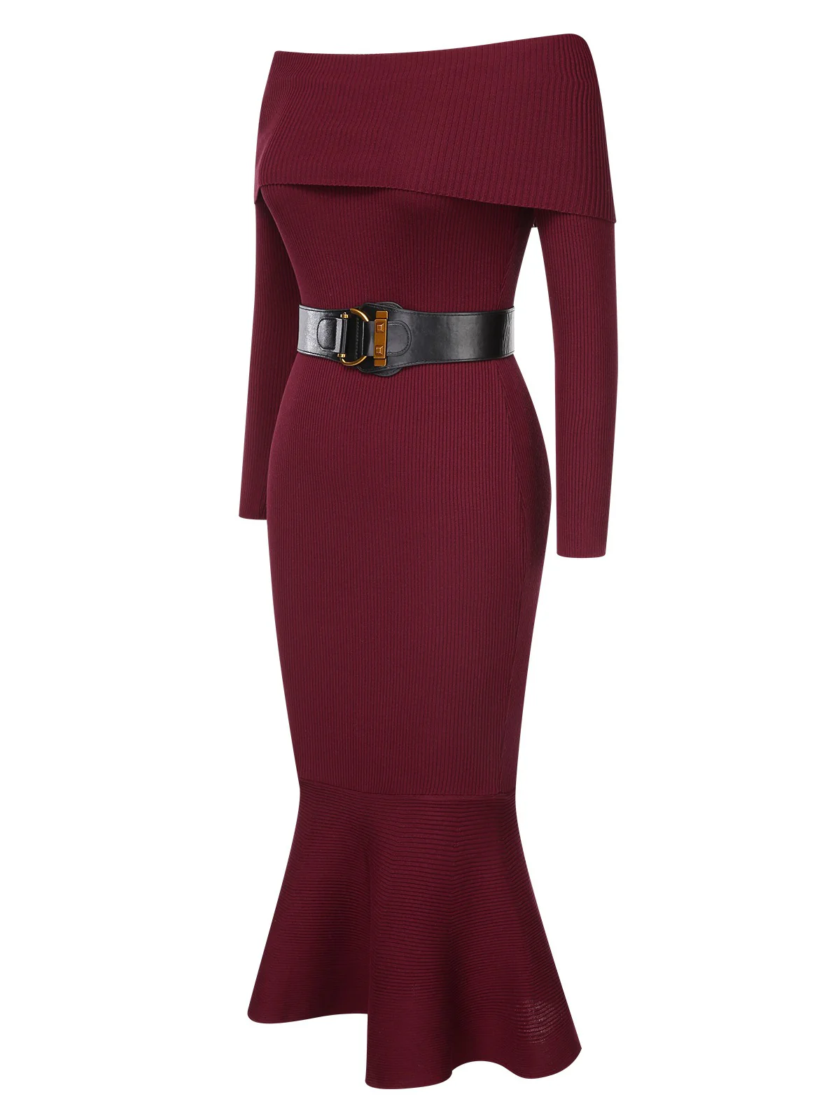 1930s Solid Off-Shoulder Knitted Fishtail Dress With Belt - Image 4