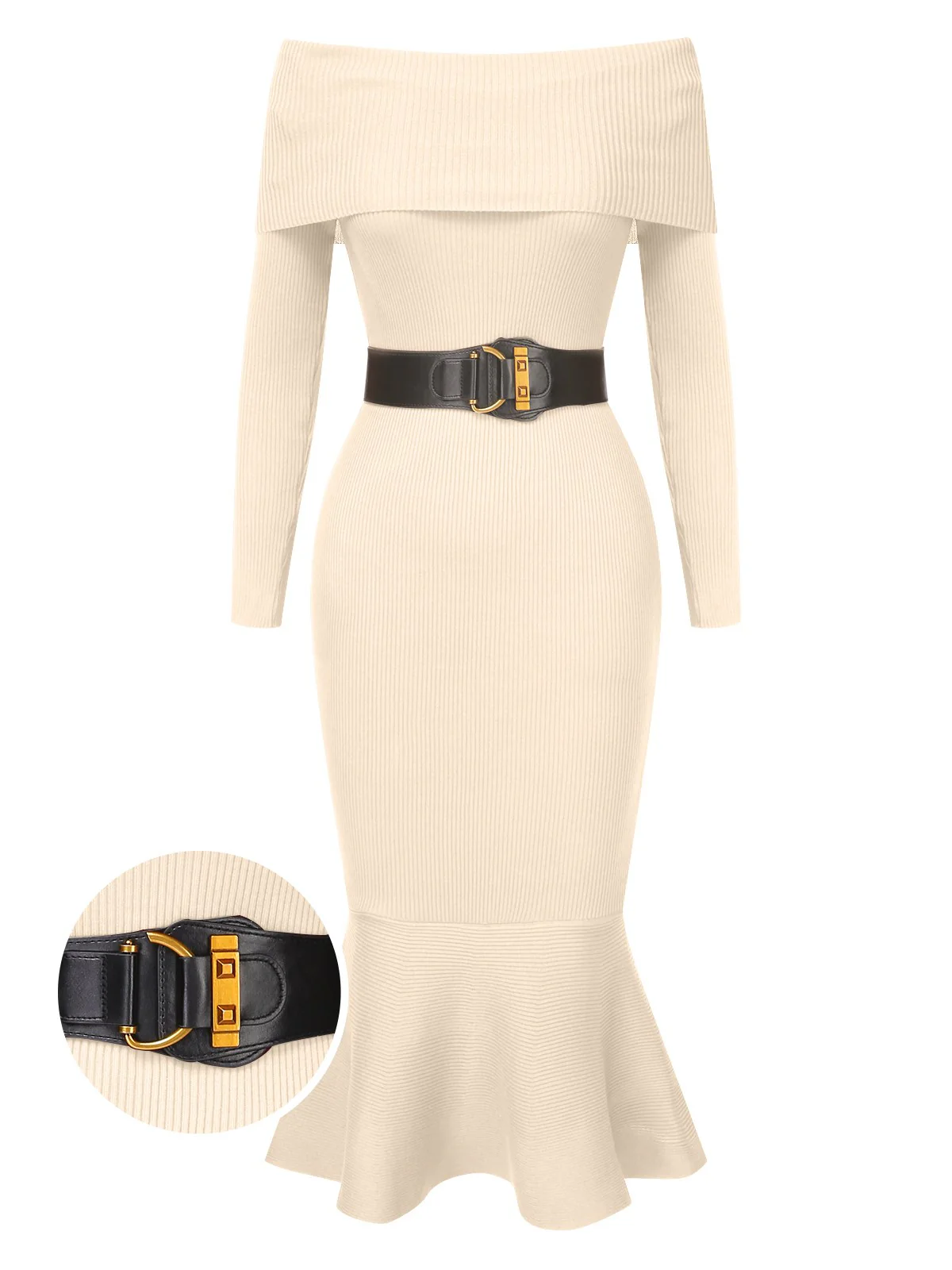 1930s Solid Off-Shoulder Knitted Fishtail Dress With Belt - Image 7