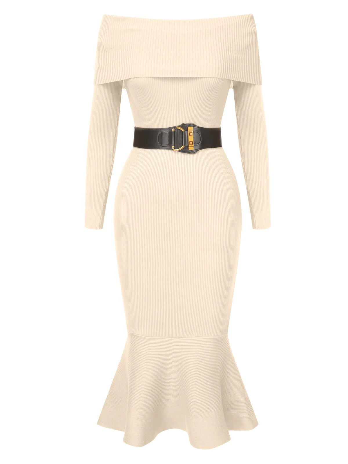 1930s Solid Off-Shoulder Knitted Fishtail Dress With Belt - Image 8