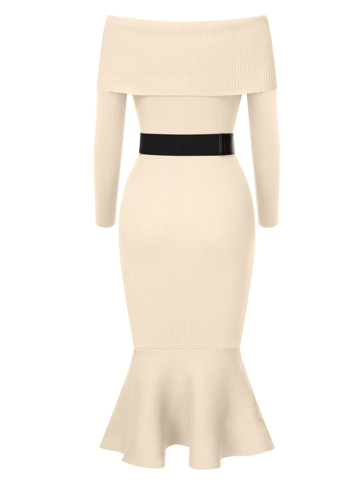 1930s Solid Off-Shoulder Knitted Fishtail Dress With Belt - Image 9