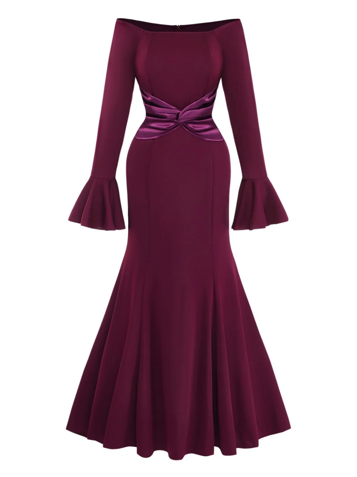 1930s Solid Off-Shoulder Pleated Bell Sleeve Dress - Image 2