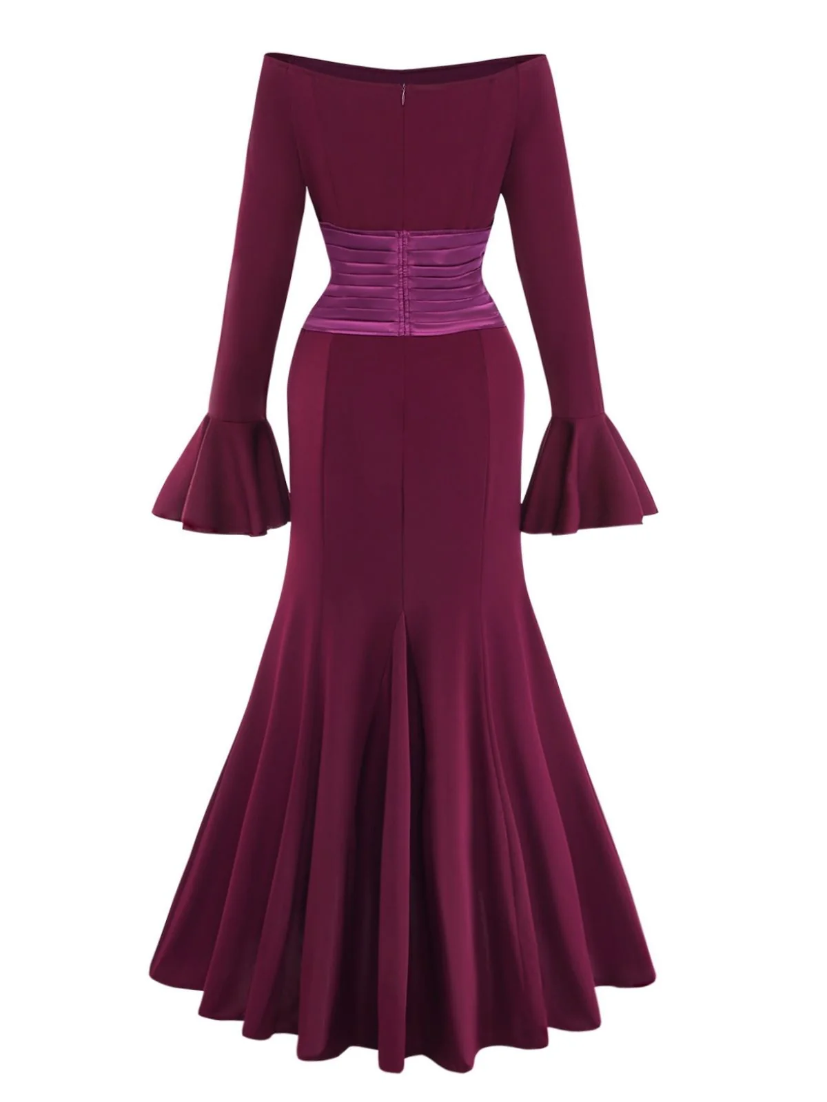 1930s Solid Off-Shoulder Pleated Bell Sleeve Dress - Image 3