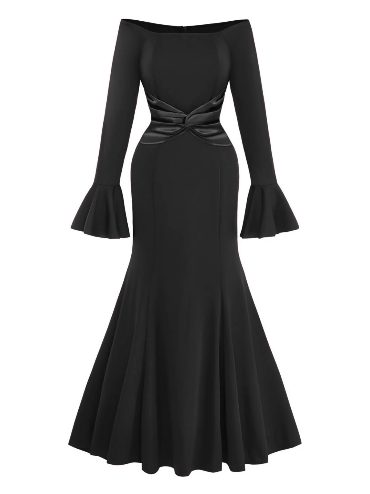 1930s Solid Off-Shoulder Pleated Bell Sleeve Dress - Image 7