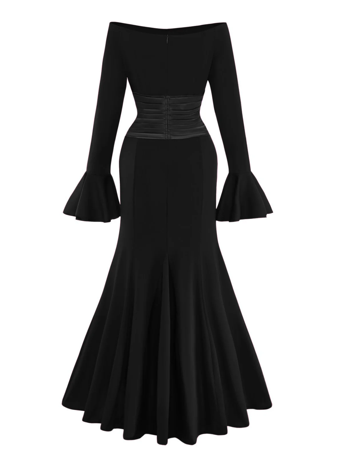 1930s Solid Off-Shoulder Pleated Bell Sleeve Dress - Image 8