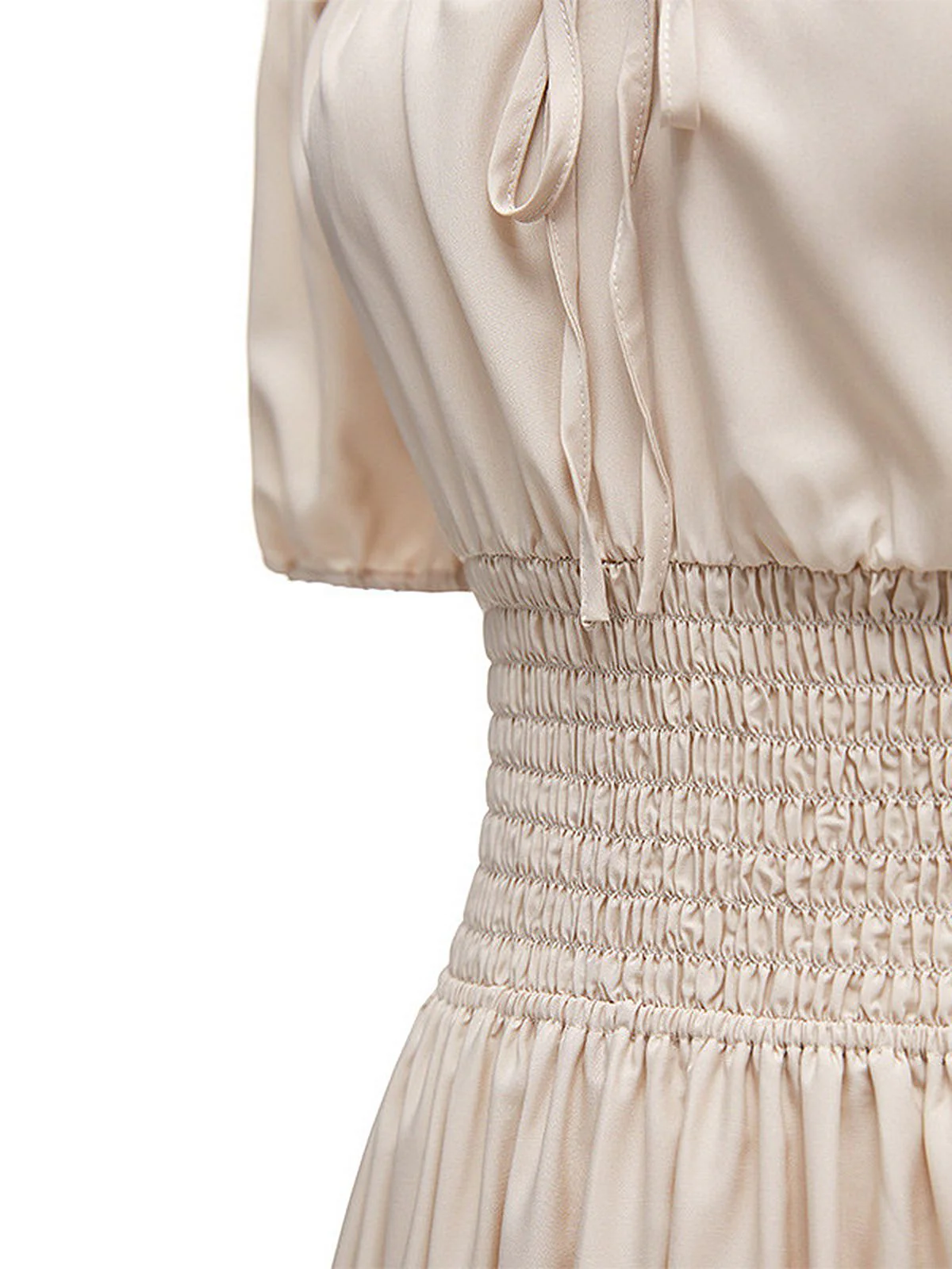 1930s Solid Off-Shoulder Smocked Puff Sleeves Dress - Image 10