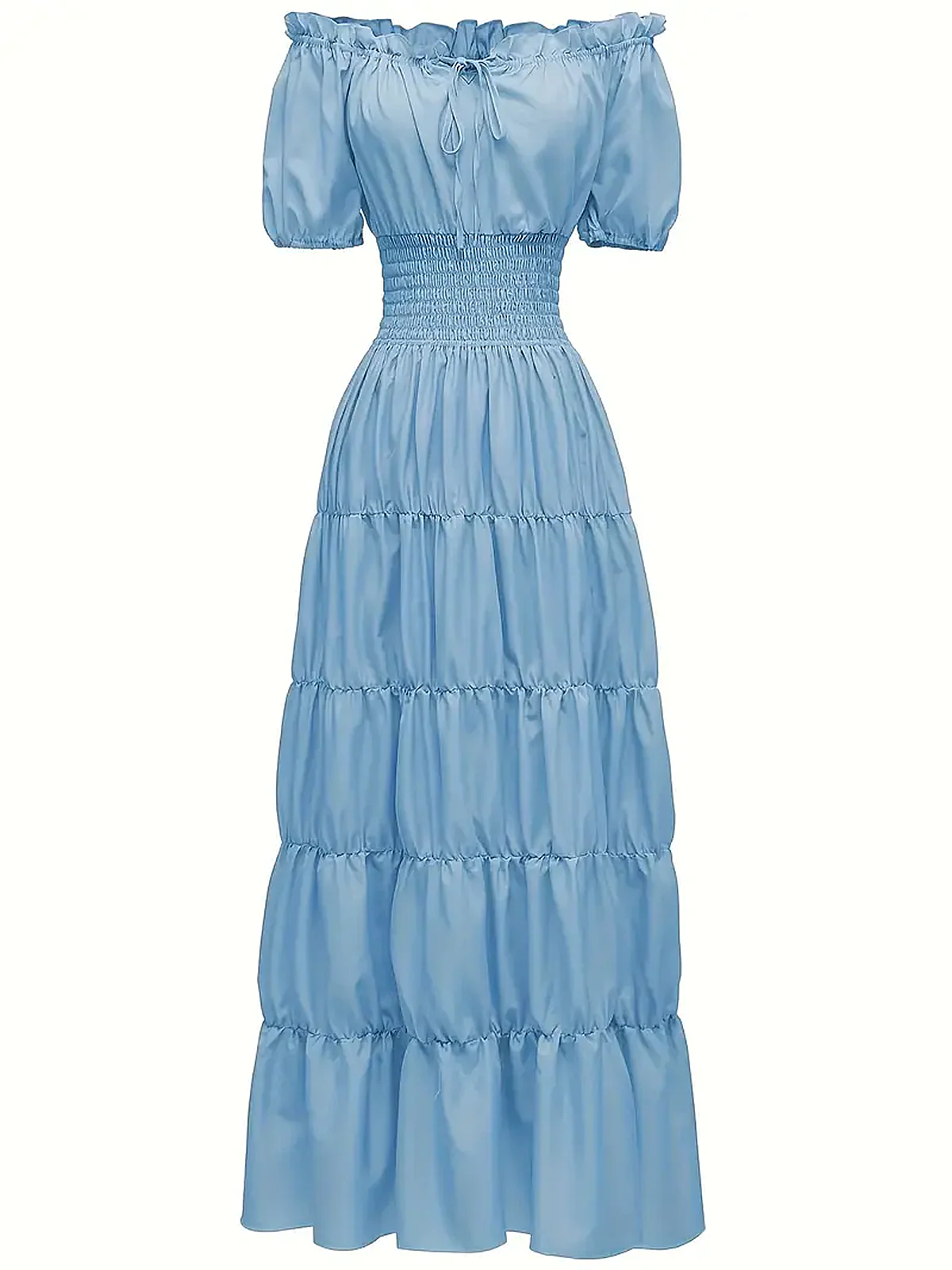 1930s Solid Off-Shoulder Smocked Puff Sleeves Dress - Image 11