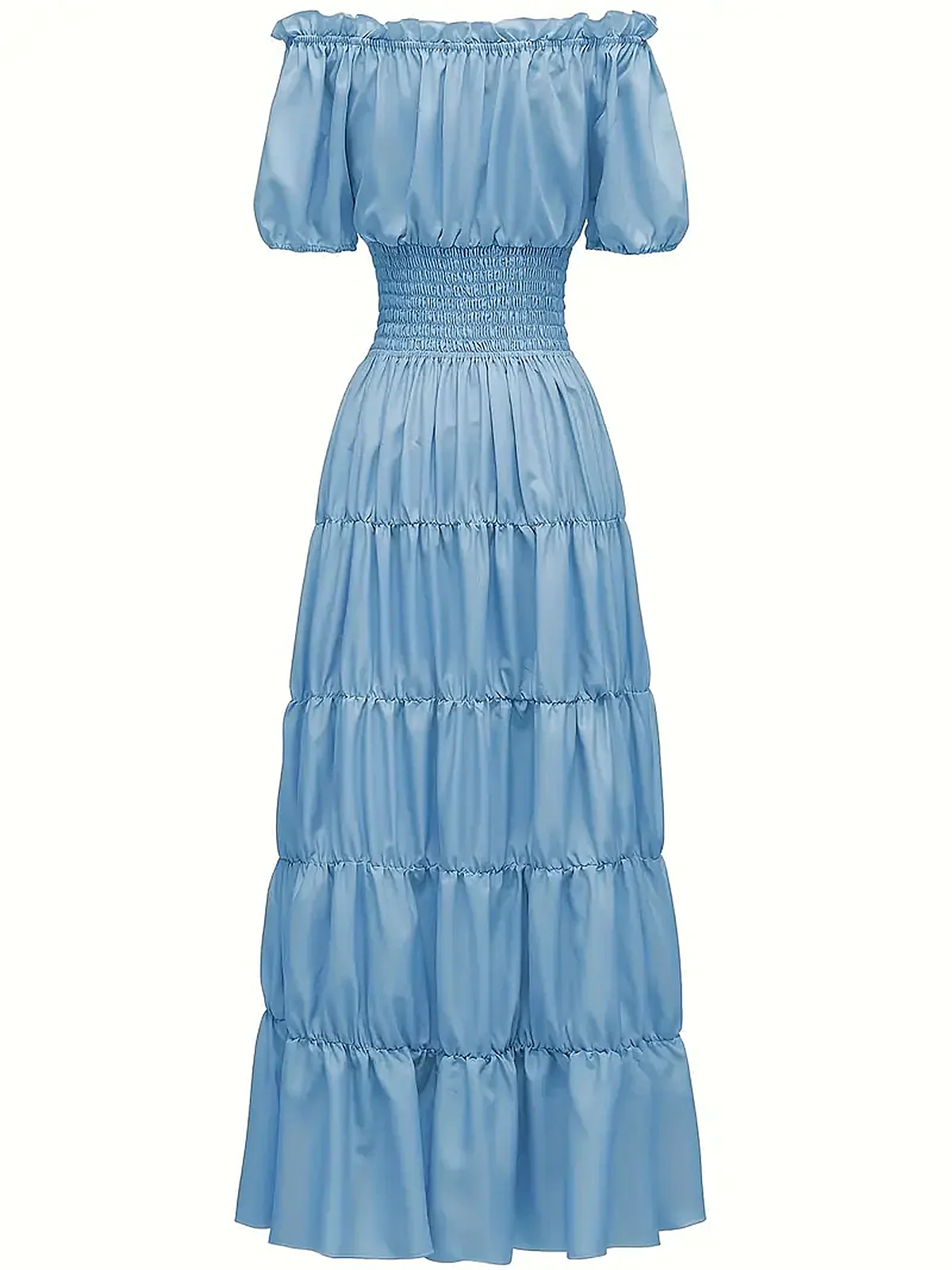 1930s Solid Off-Shoulder Smocked Puff Sleeves Dress - Image 12