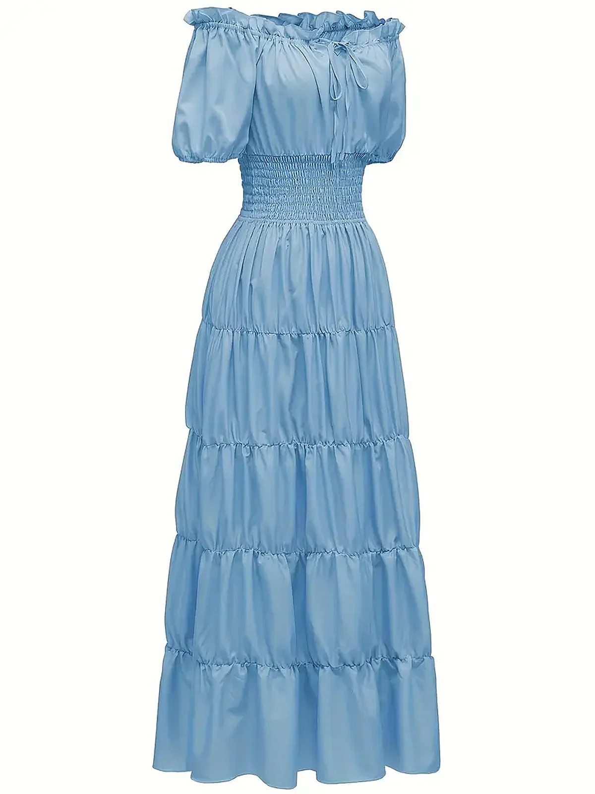 1930s Solid Off-Shoulder Smocked Puff Sleeves Dress - Image 13