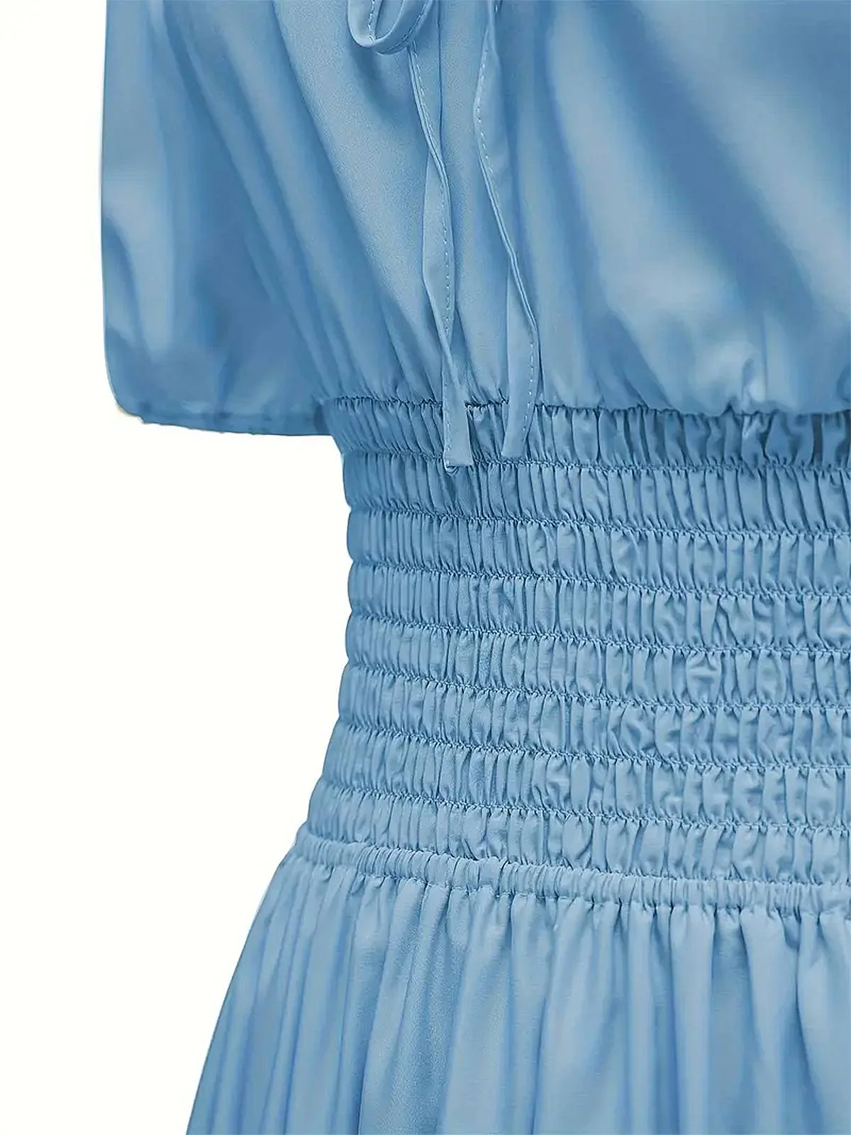 1930s Solid Off-Shoulder Smocked Puff Sleeves Dress - Image 15