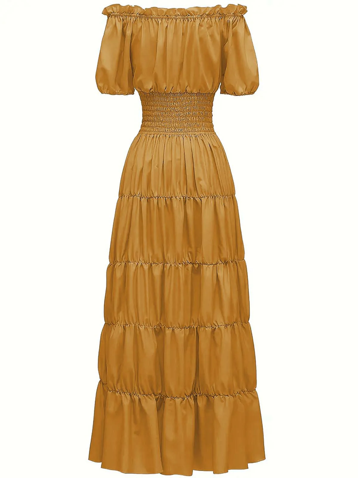 1930s Solid Off-Shoulder Smocked Puff Sleeves Dress - Image 2