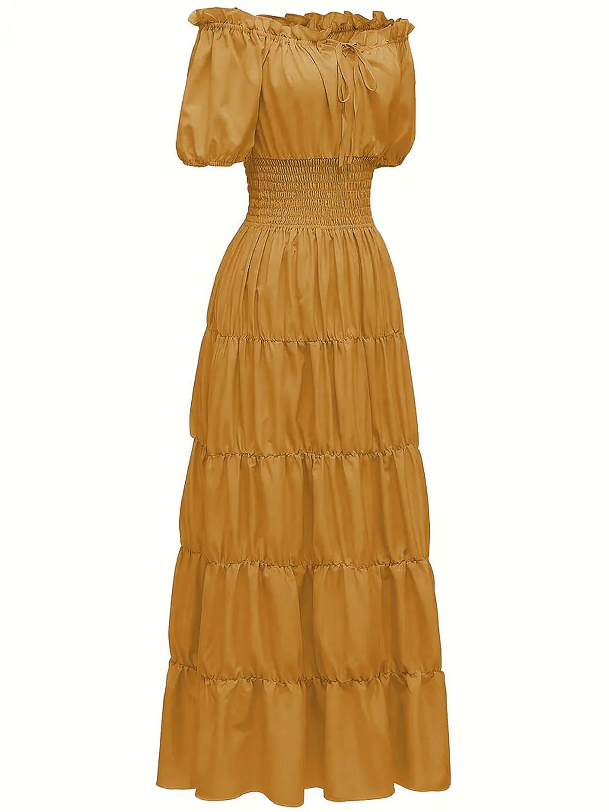1930s Solid Off-Shoulder Smocked Puff Sleeves Dress - Image 3