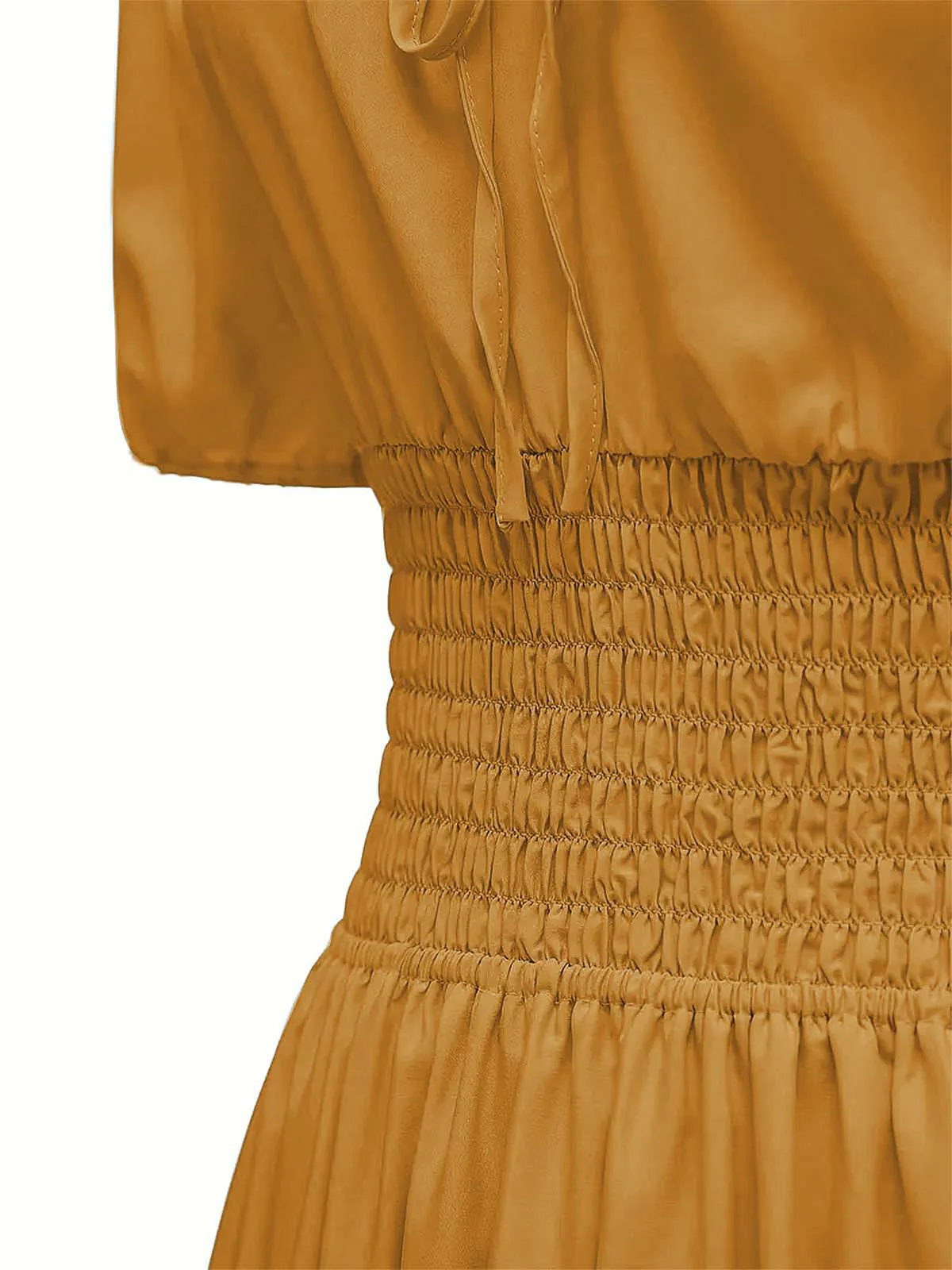 1930s Solid Off-Shoulder Smocked Puff Sleeves Dress - Image 5