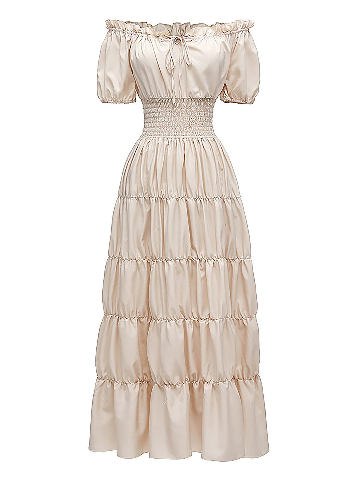 1930s Solid Off-Shoulder Smocked Puff Sleeves Dress - Image 6