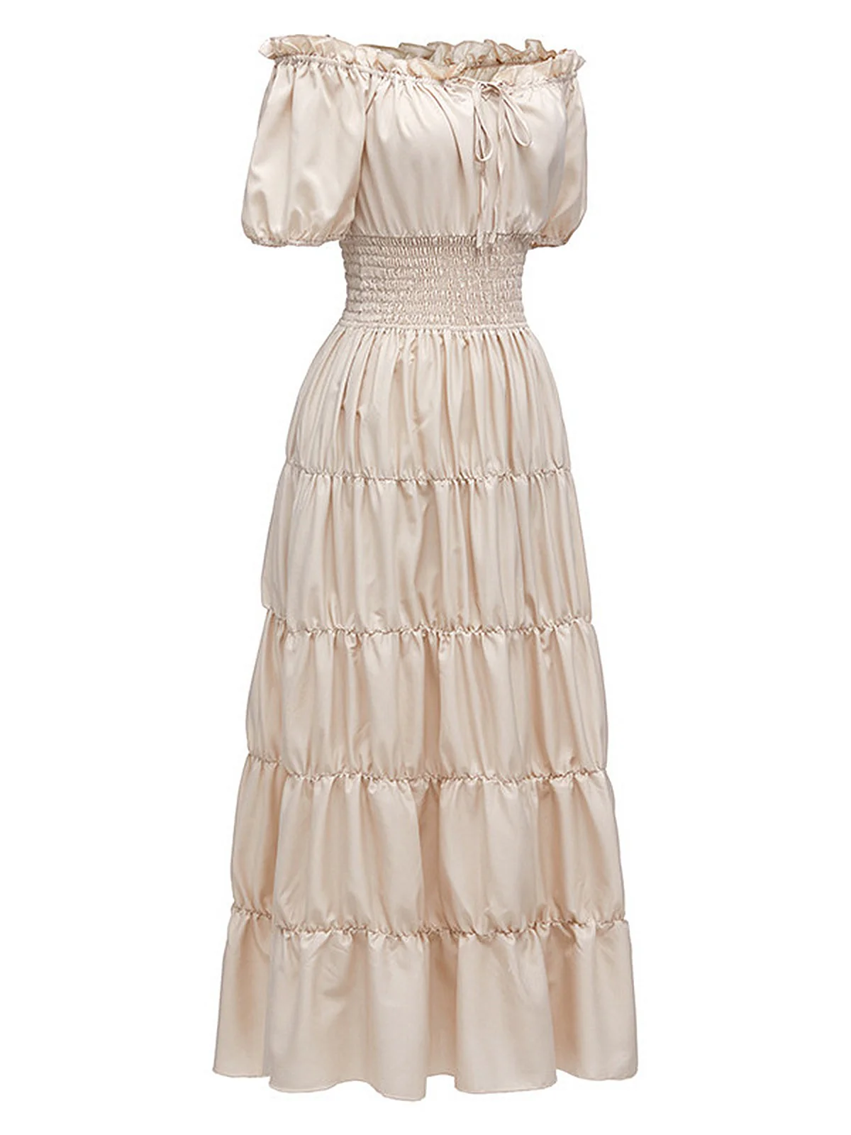 1930s Solid Off-Shoulder Smocked Puff Sleeves Dress - Image 7