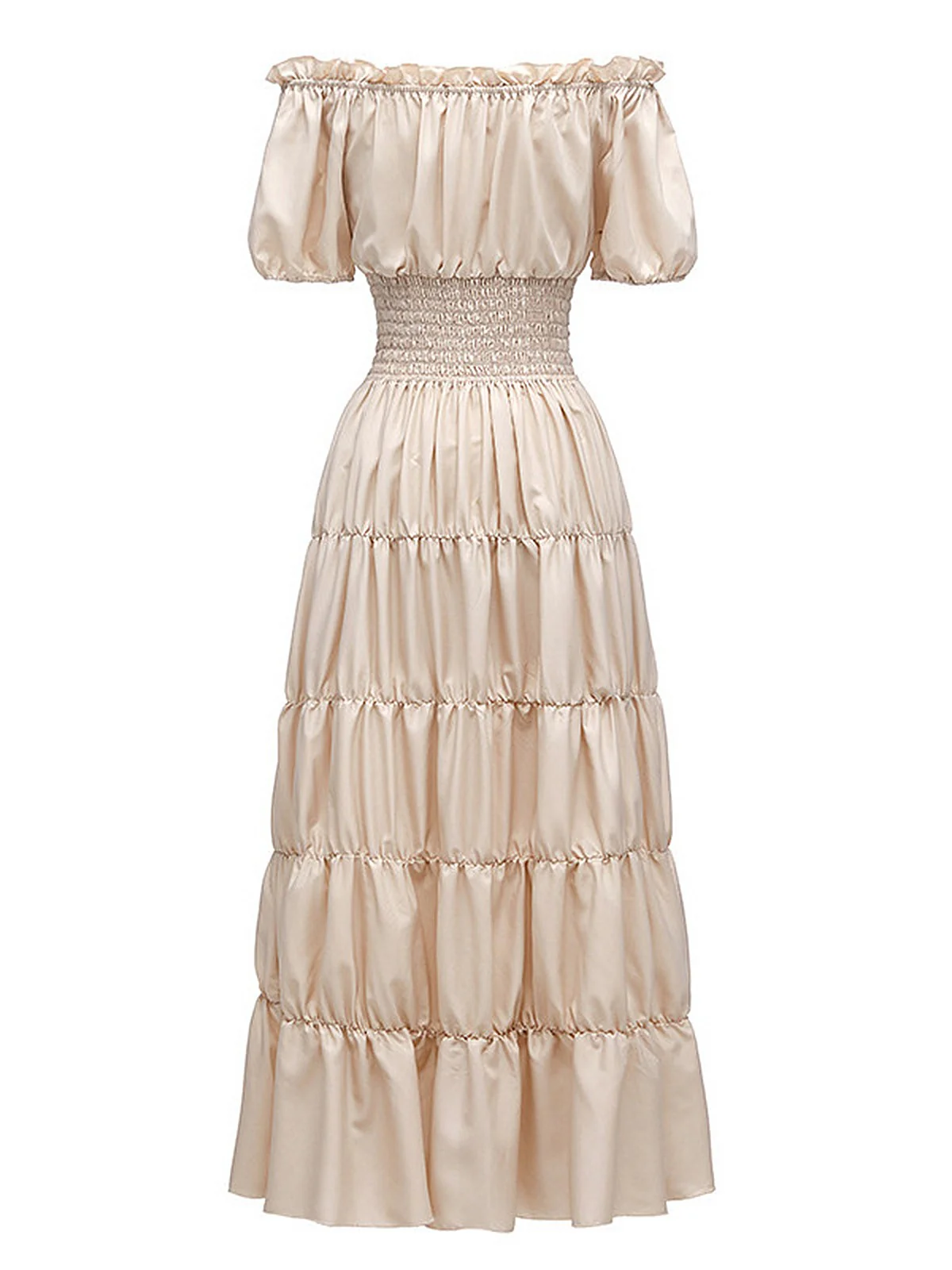 1930s Solid Off-Shoulder Smocked Puff Sleeves Dress - Image 8