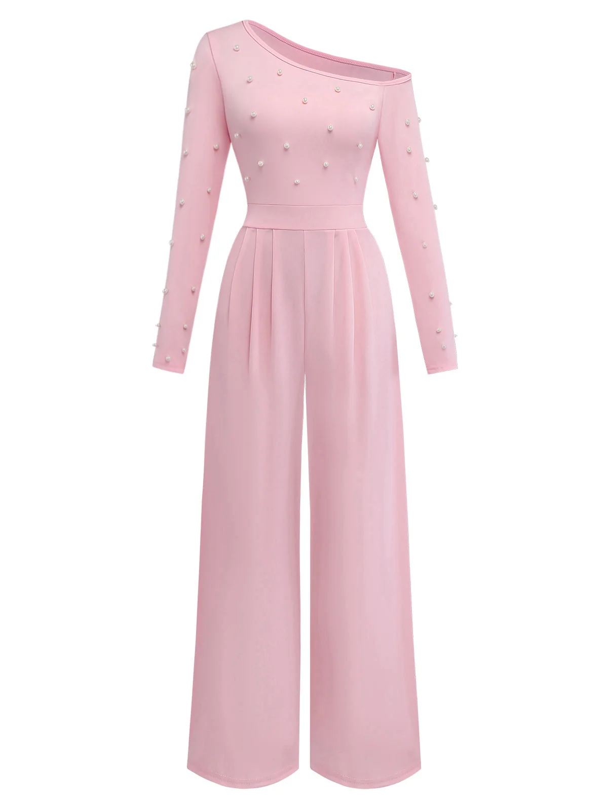 1930s Solid One-Shoulder Pearl Detail Long Sleeve Jumpsuit - Image 2