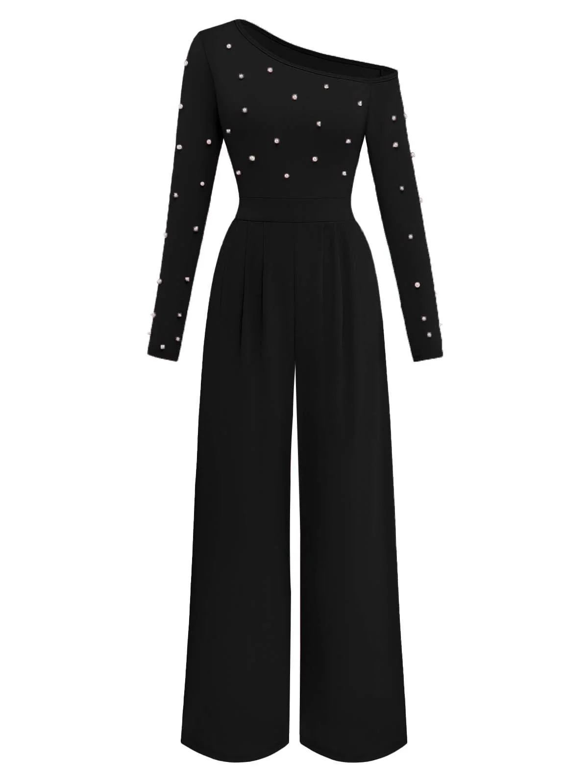 1930s Solid One-Shoulder Pearl Detail Long Sleeve Jumpsuit - Image 4