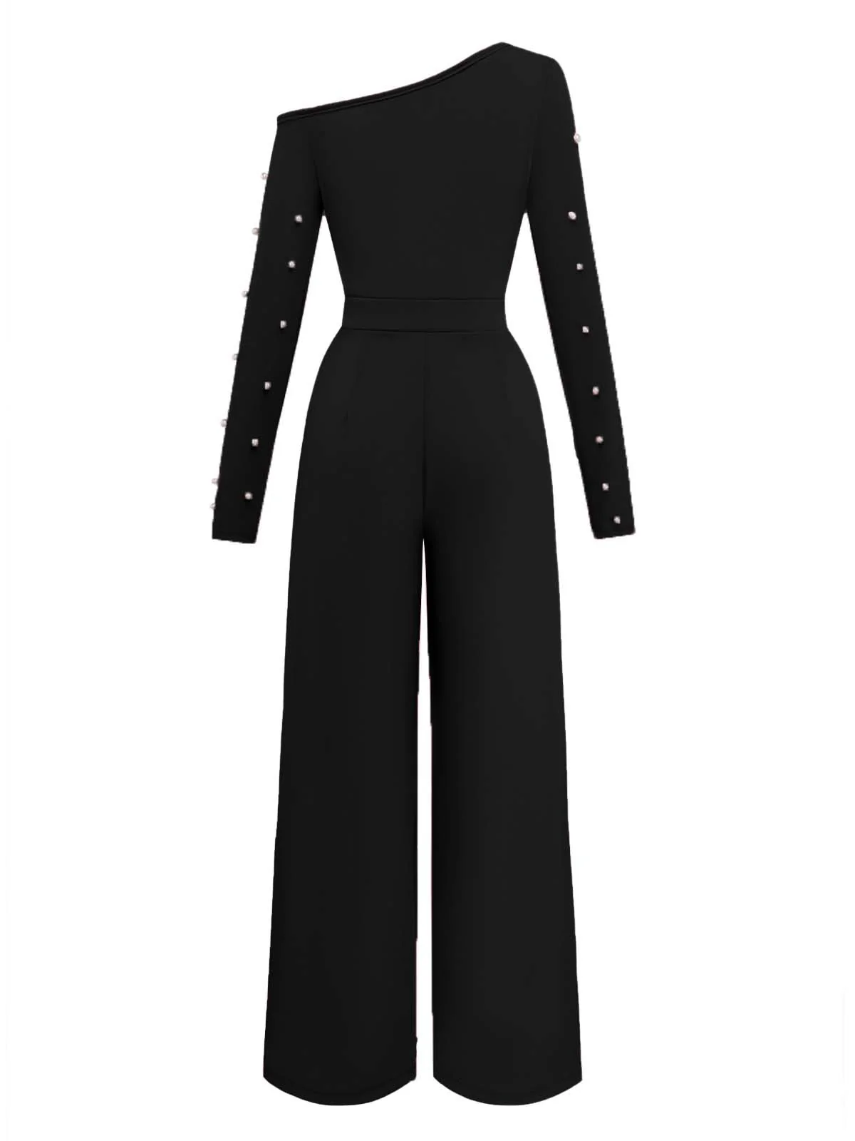 1930s Solid One-Shoulder Pearl Detail Long Sleeve Jumpsuit - Image 5