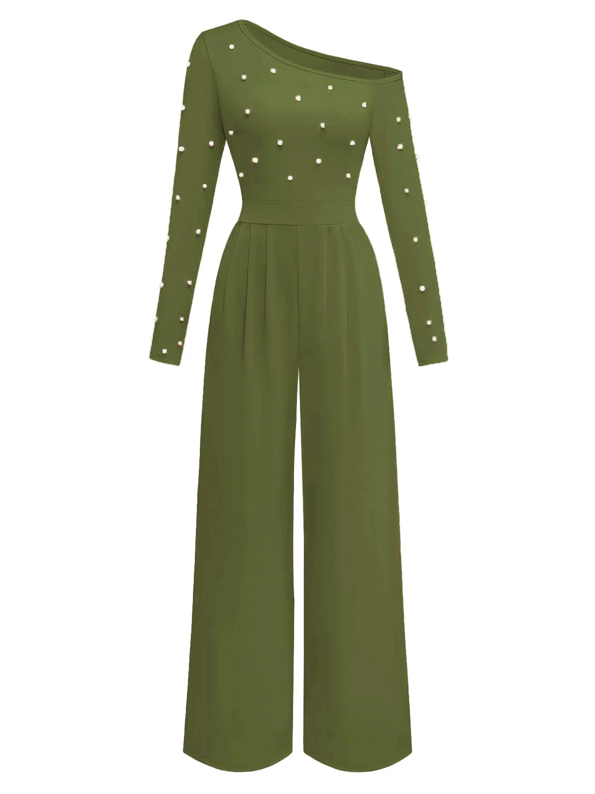 1930s Solid One-Shoulder Pearl Detail Long Sleeve Jumpsuit - Image 6
