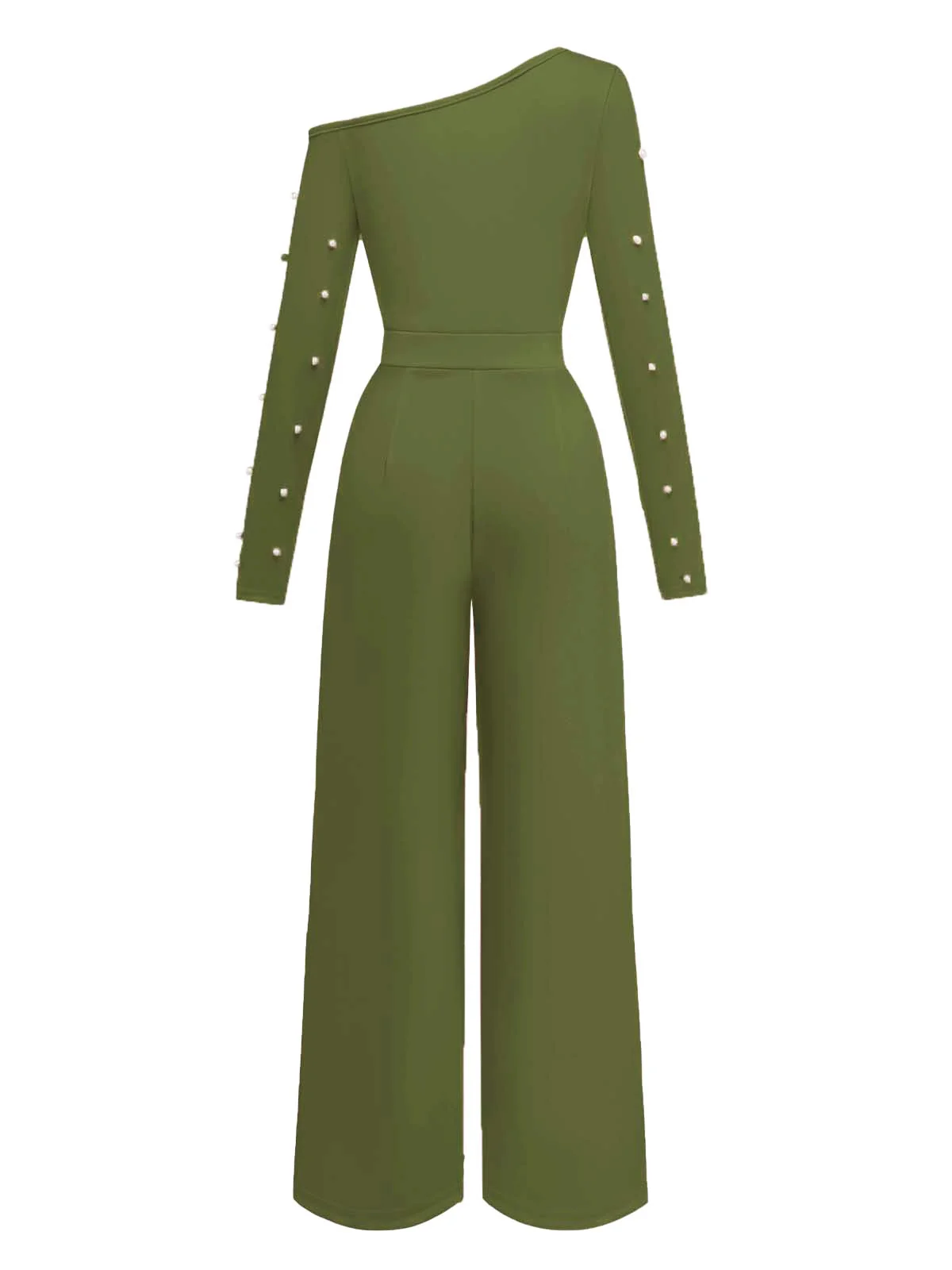 1930s Solid One-Shoulder Pearl Detail Long Sleeve Jumpsuit - Image 7