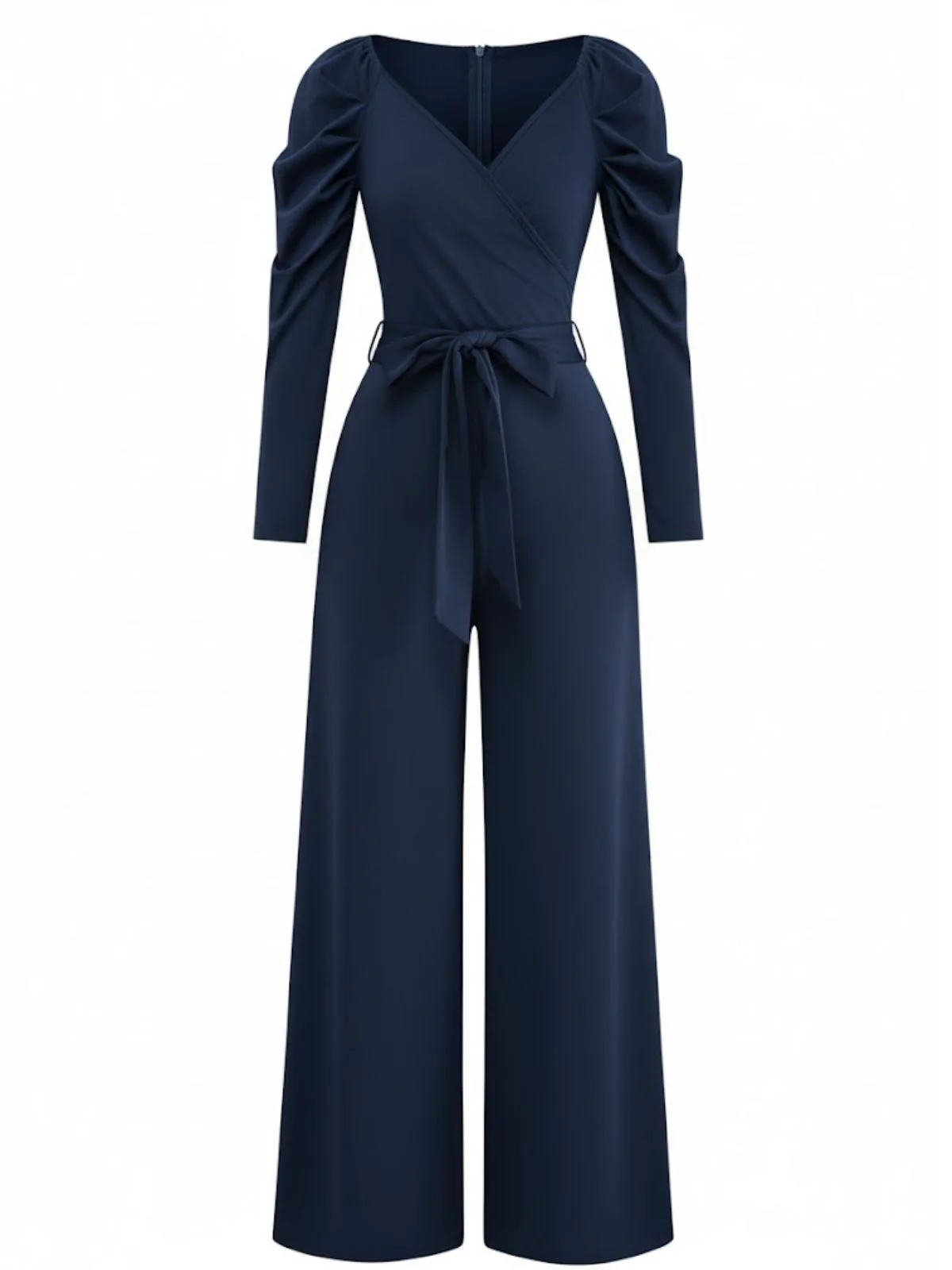 1930s Solid Ruched V-Neck Belted Jumpsuit - Image 10