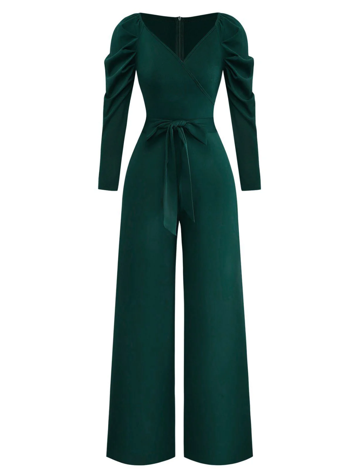 1930s Solid Ruched V-Neck Belted Jumpsuit - Image 2