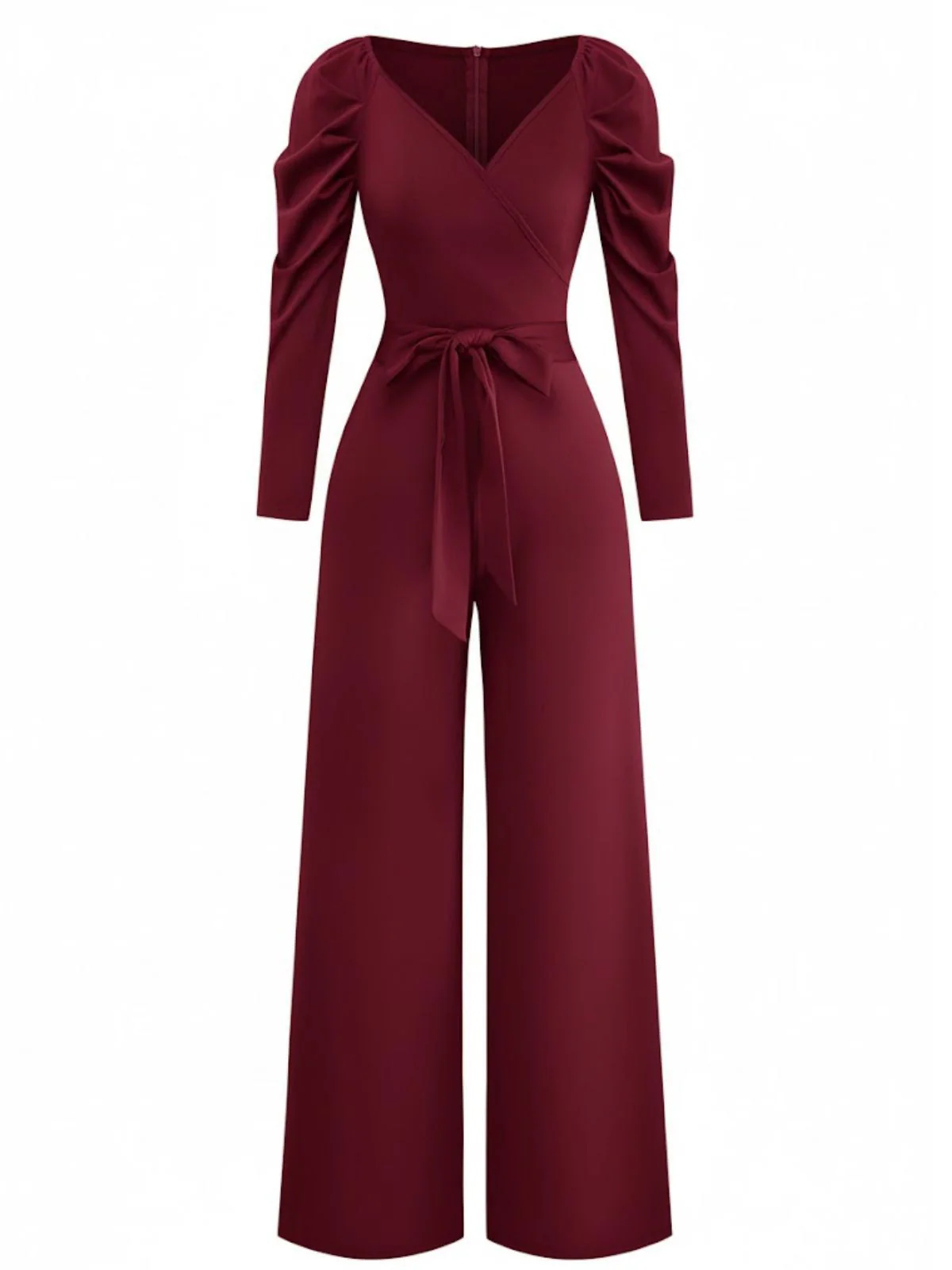 1930s Solid Ruched V-Neck Belted Jumpsuit - Image 8