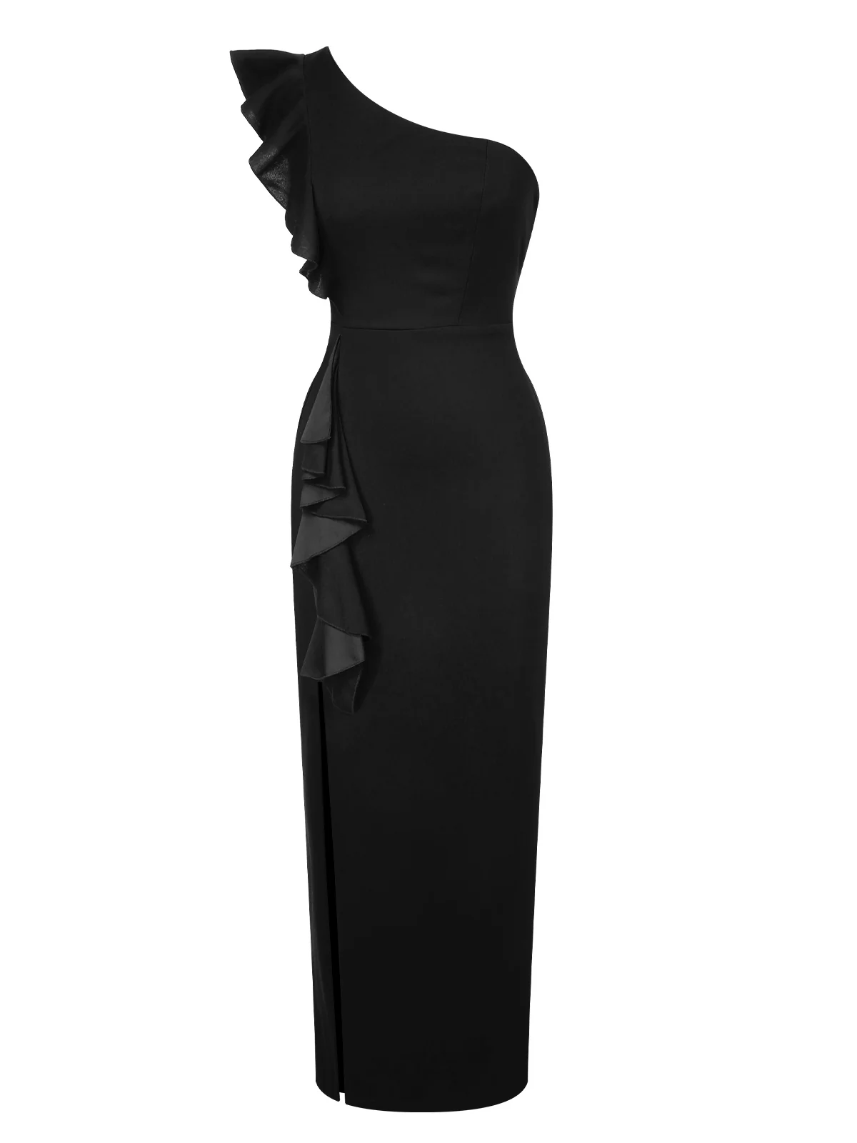 1930s Solid Ruffle One-Shoulder Slit Dress - Image 11