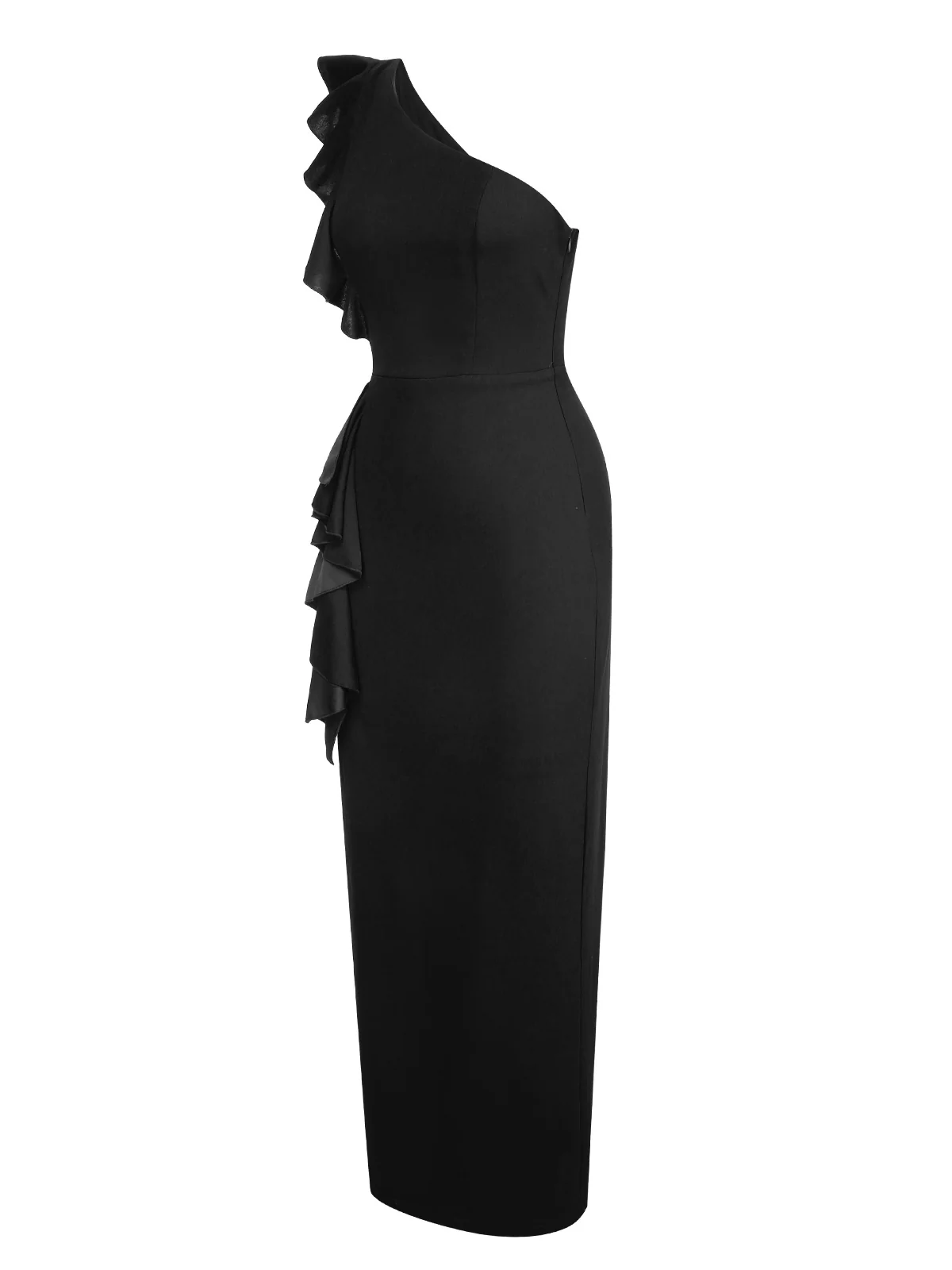 1930s Solid Ruffle One-Shoulder Slit Dress - Image 12