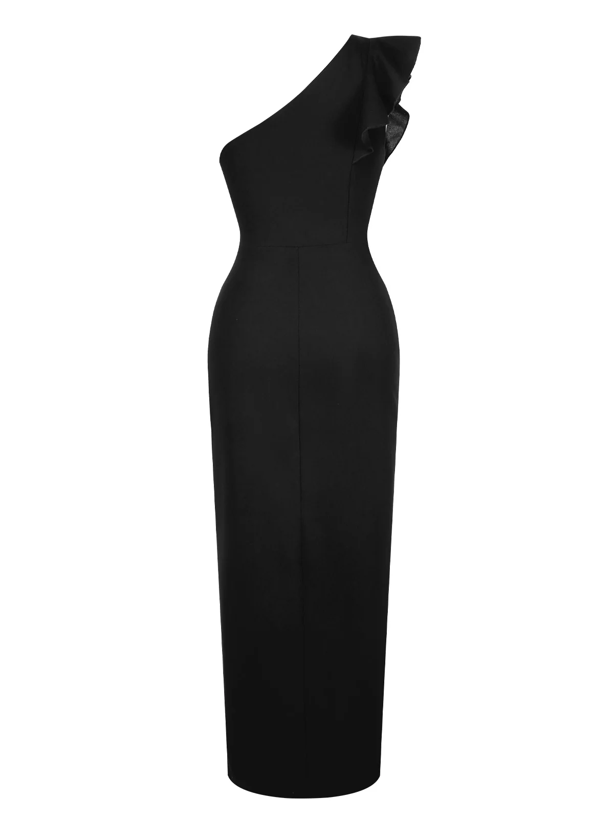 1930s Solid Ruffle One-Shoulder Slit Dress - Image 13