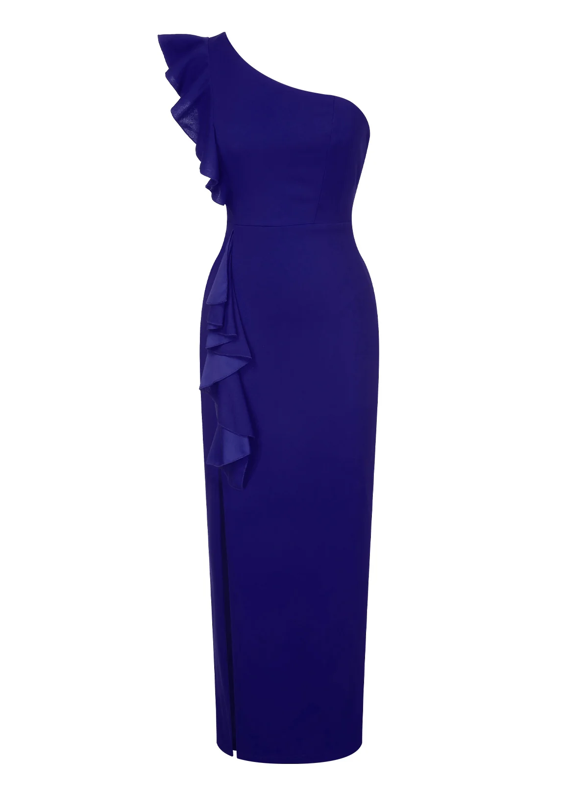 1930s Solid Ruffle One-Shoulder Slit Dress - Image 16