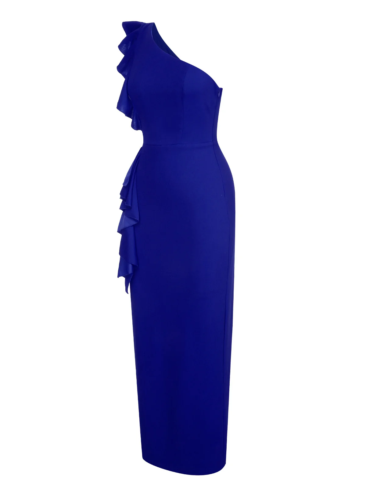 1930s Solid Ruffle One-Shoulder Slit Dress - Image 17