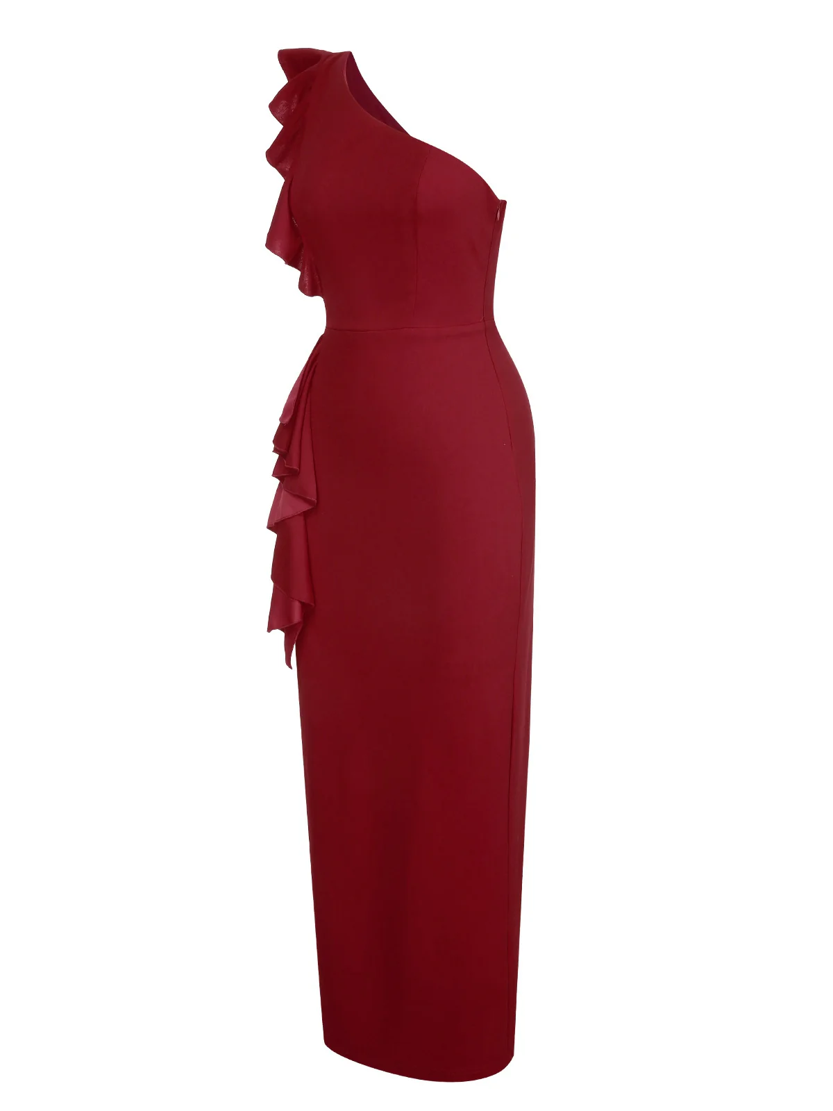 1930s Solid Ruffle One-Shoulder Slit Dress - Image 2