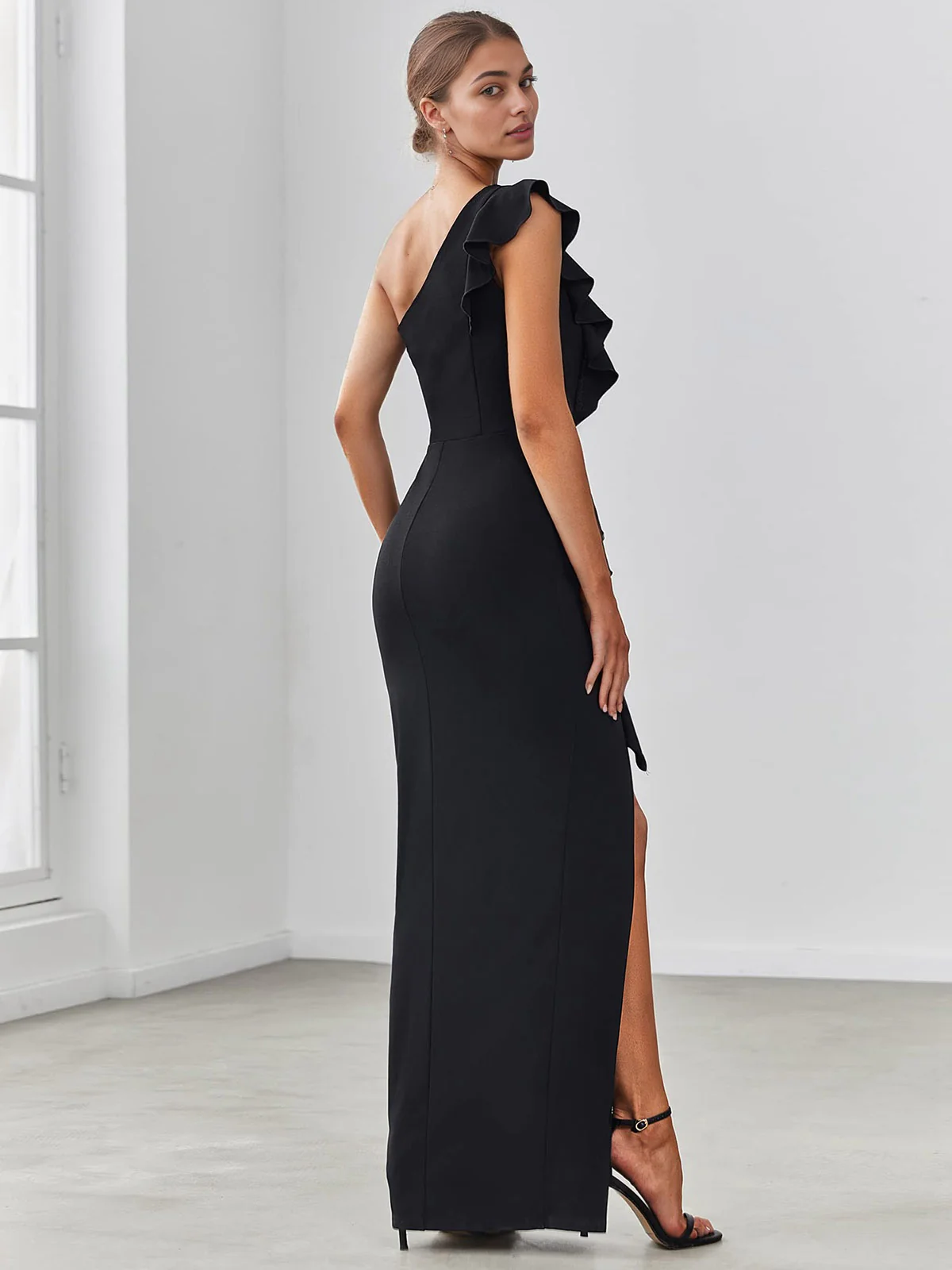 1930s Solid Ruffle One-Shoulder Slit Dress - Image 22