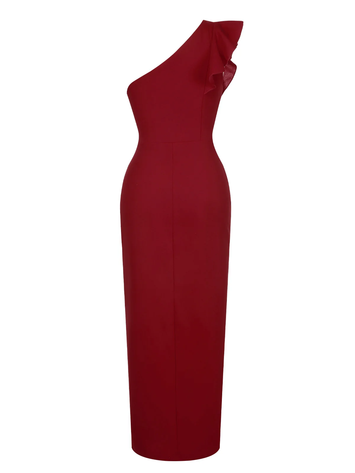 1930s Solid Ruffle One-Shoulder Slit Dress - Image 3