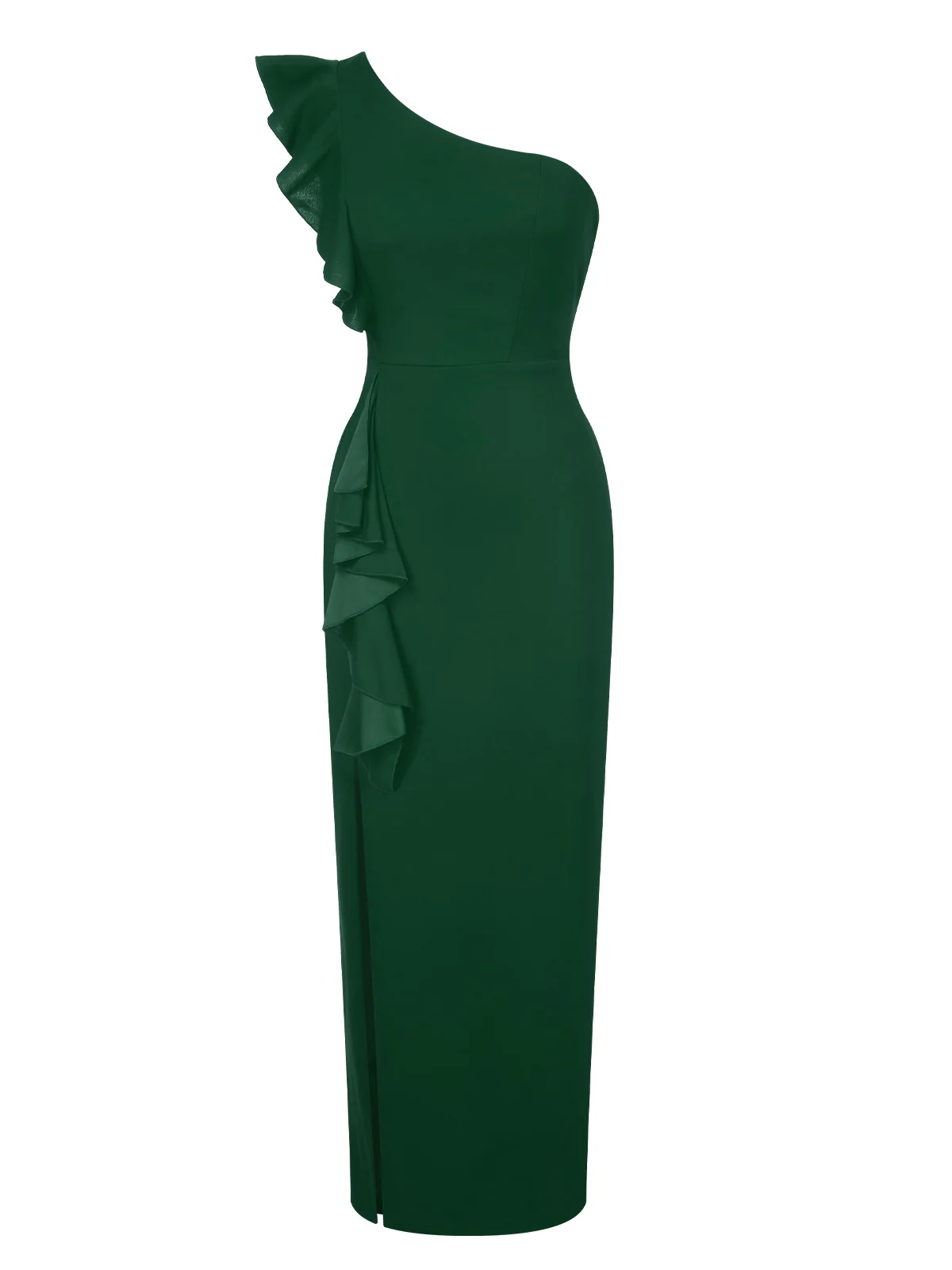 1930s Solid Ruffle One-Shoulder Slit Dress - Image 6