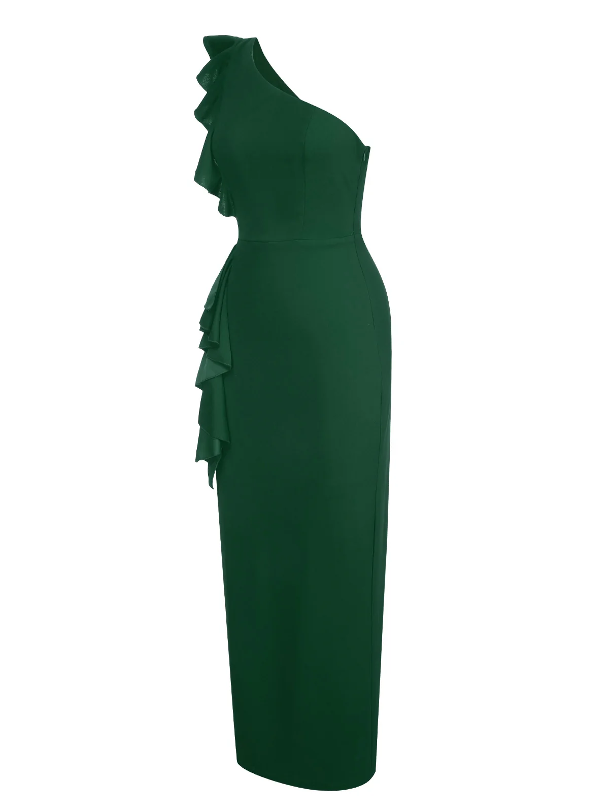 1930s Solid Ruffle One-Shoulder Slit Dress - Image 7