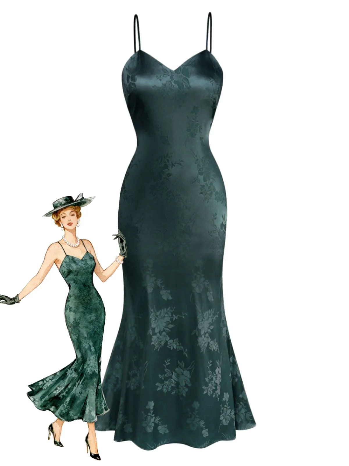 1930s Solid Satin Floral Jacquard Slip Mermaid Dress - Image 6