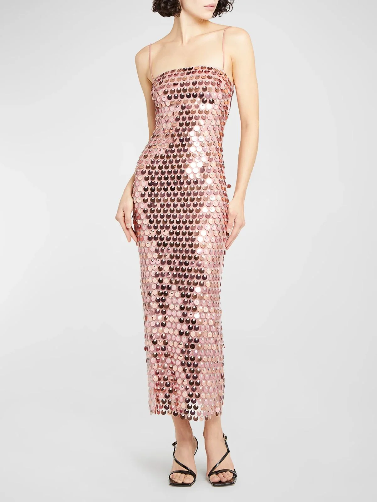 1930s Solid Sequined Back Slit Spaghetti Strap Dress - Image 4