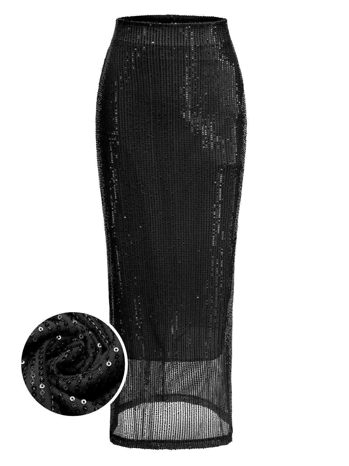 1930s Solid Sequined Split Long Skirt - Image 5