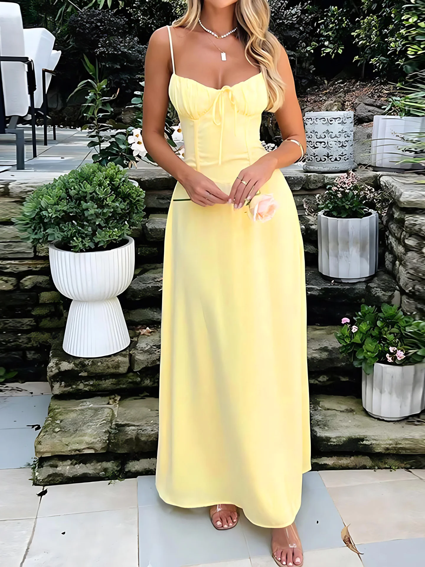 1930s Solid Spaghetti Strap Lace-Up Maxi Dress - Image 3