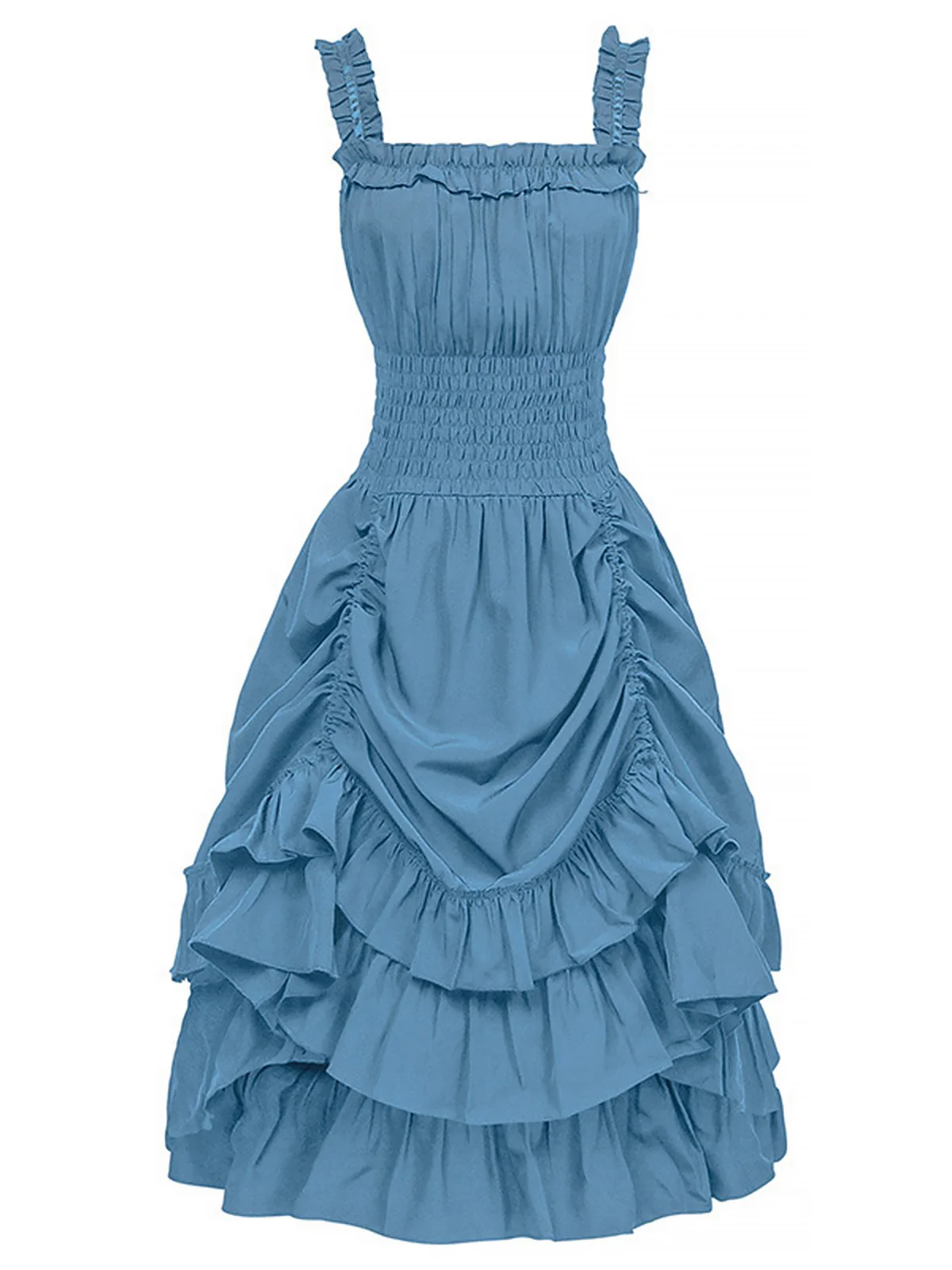 1930s Solid Square Neck Drawstring Layered Dress - Image 3