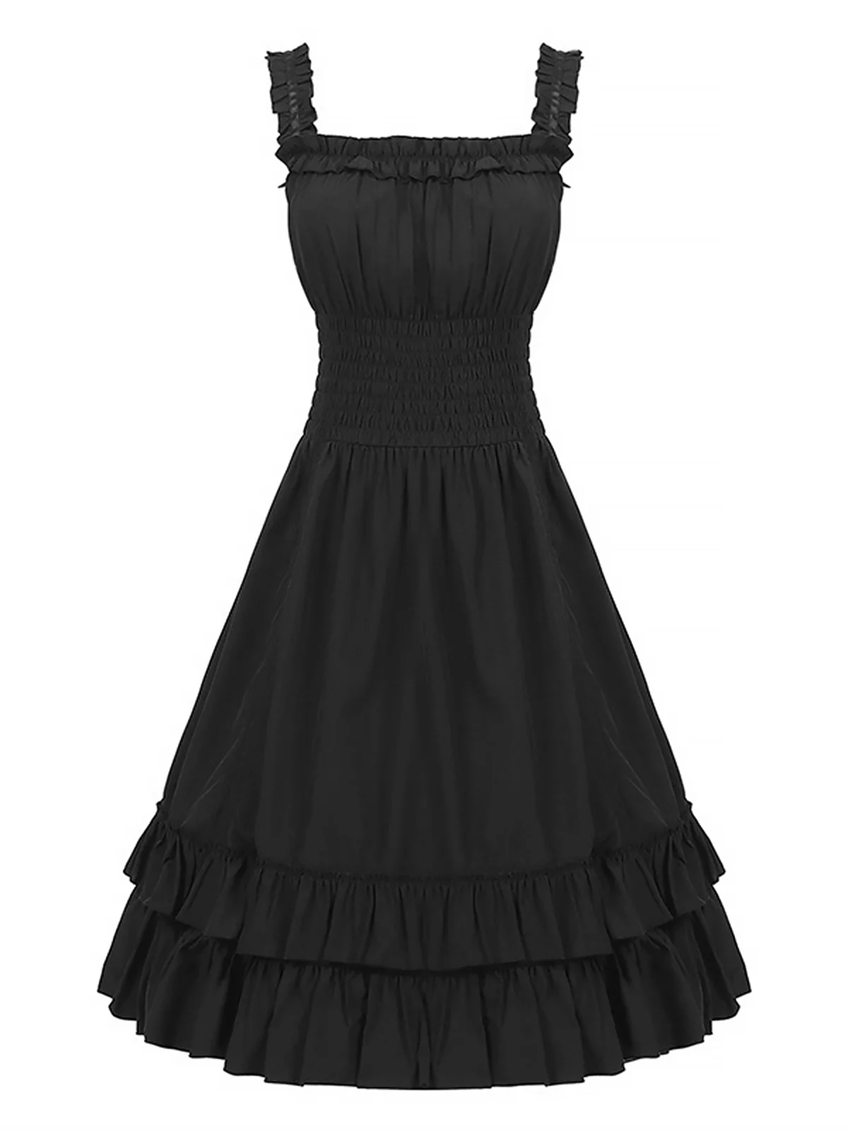 1930s Solid Square Neck Drawstring Layered Dress - Image 5