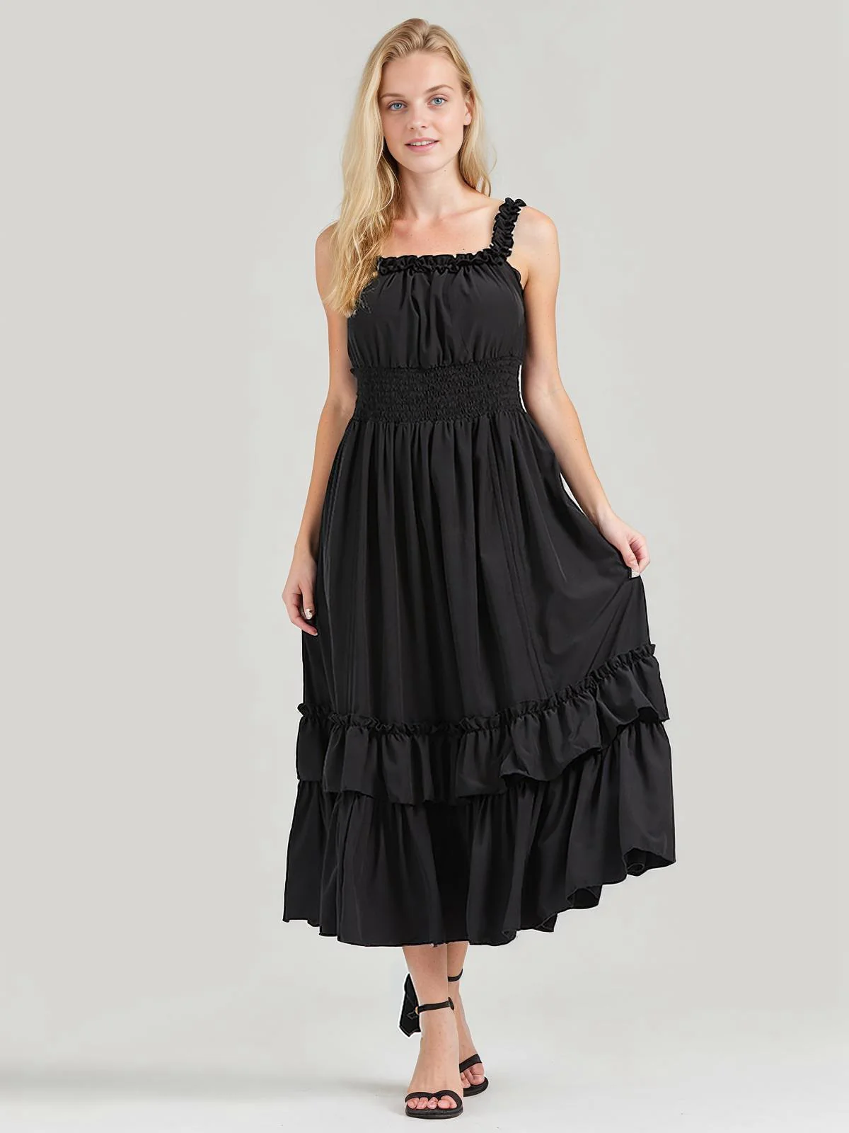 1930s Solid Square Neck Drawstring Layered Dress - Image 7