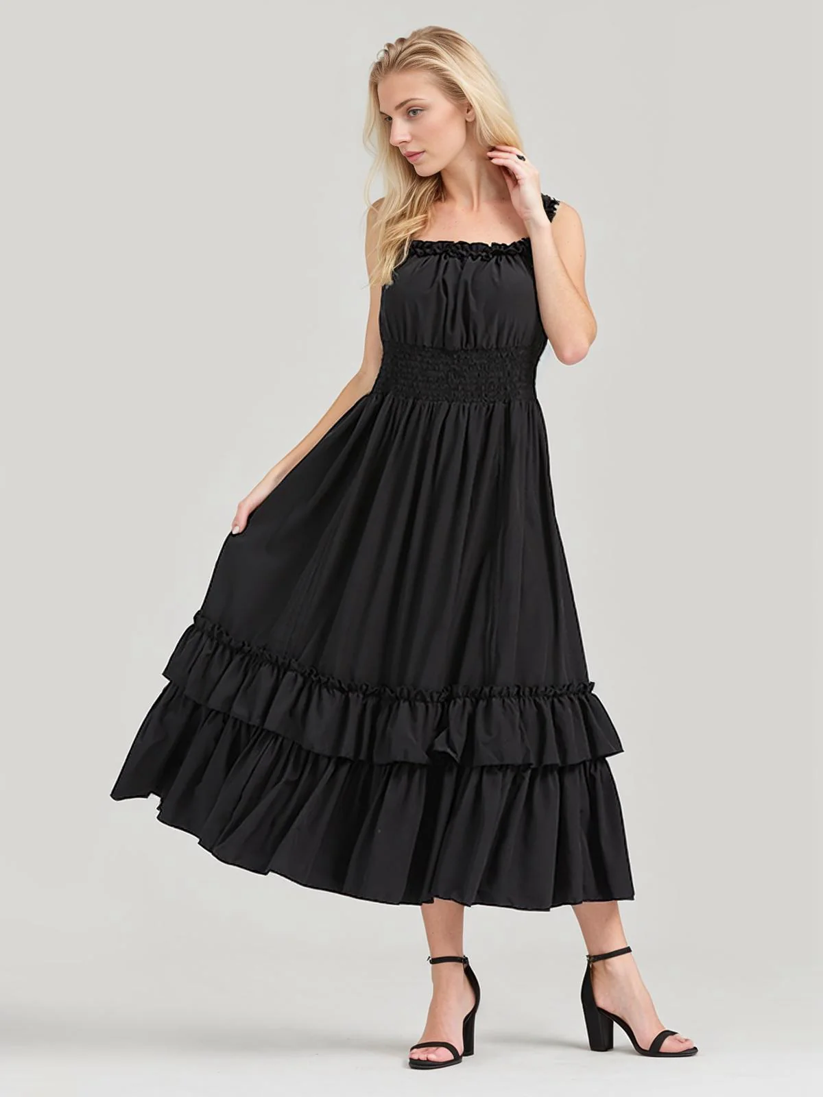 1930s Solid Square Neck Drawstring Layered Dress - Image 8