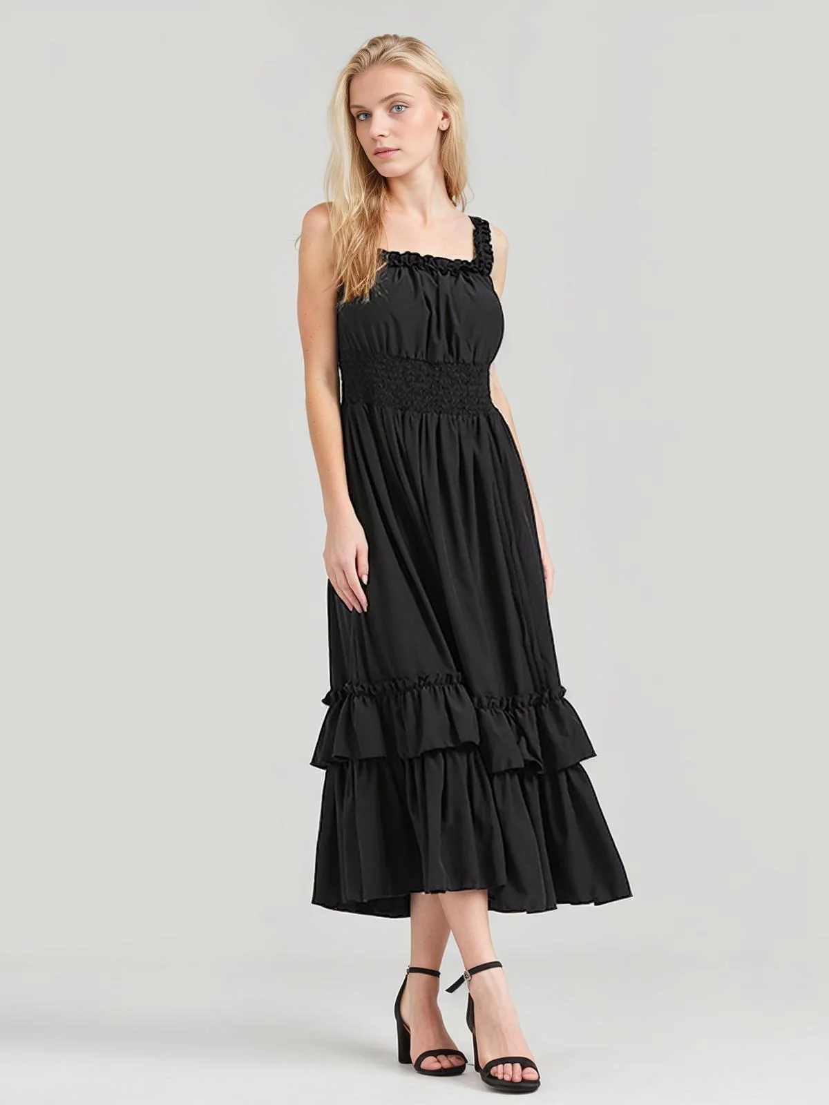 1930s Solid Square Neck Drawstring Layered Dress - Image 9