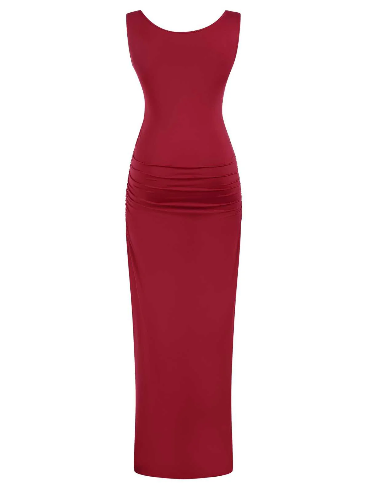 1930s Solid Square Neck Split Ruched Dress - Image 2