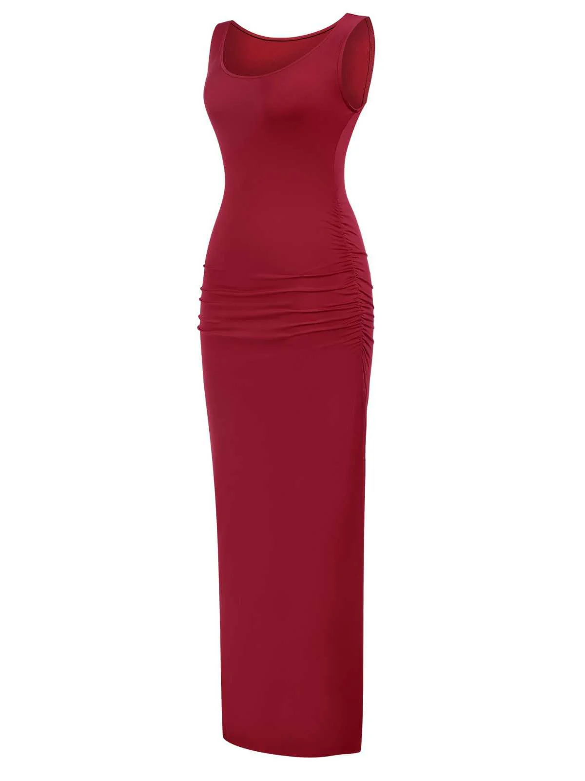 1930s Solid Square Neck Split Ruched Dress - Image 3