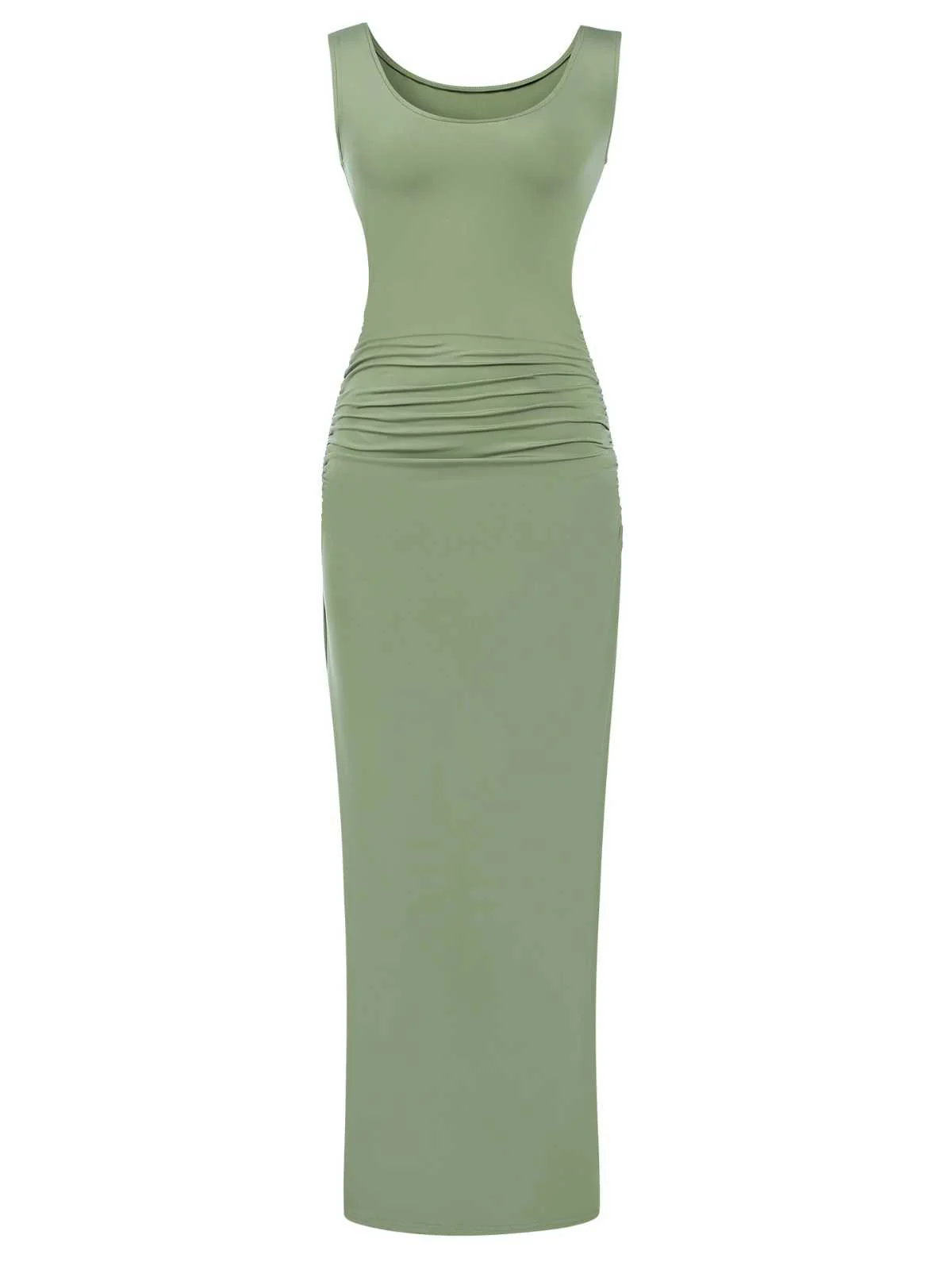 1930s Solid Square Neck Split Ruched Dress - Image 5