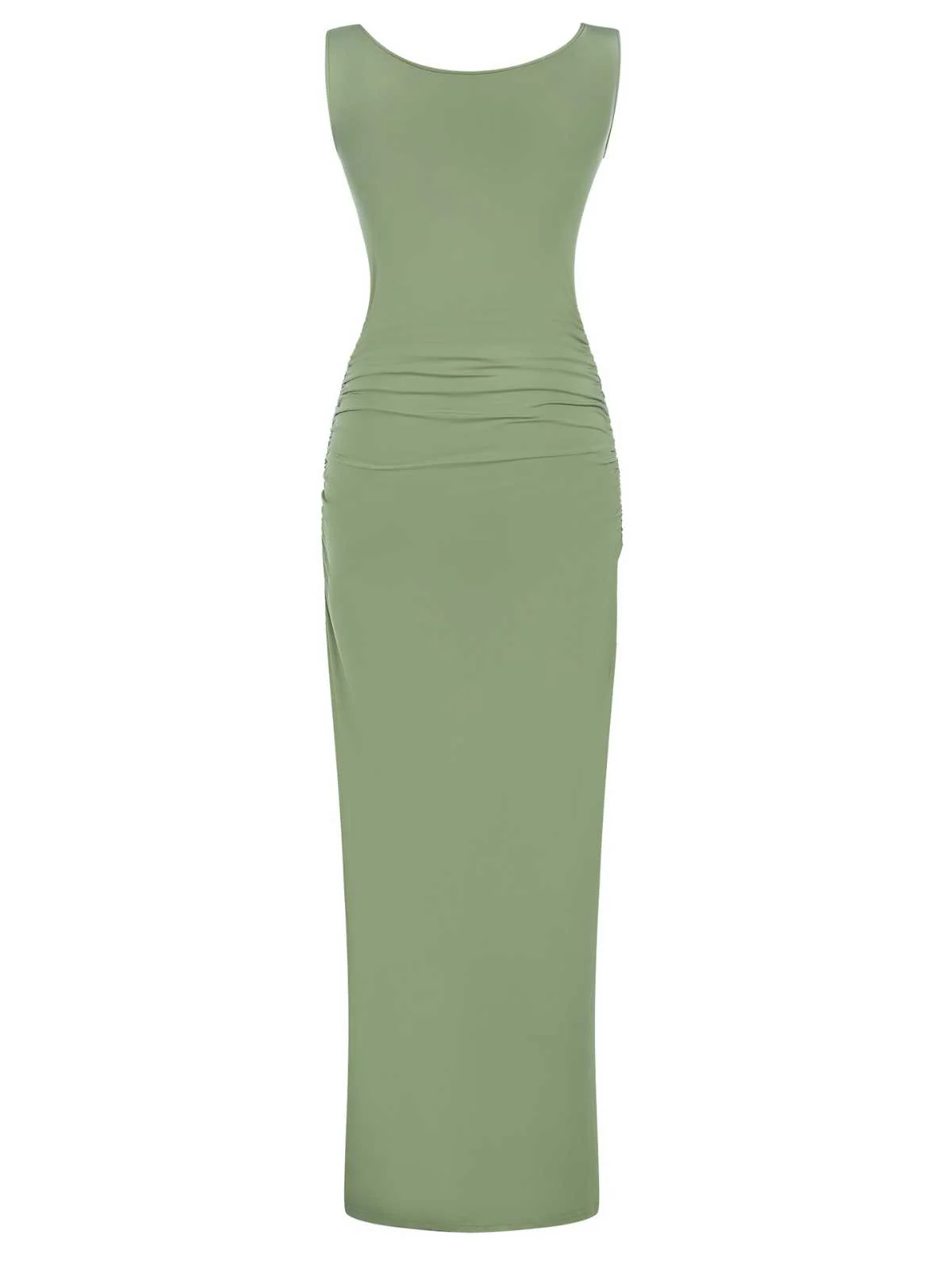 1930s Solid Square Neck Split Ruched Dress - Image 6